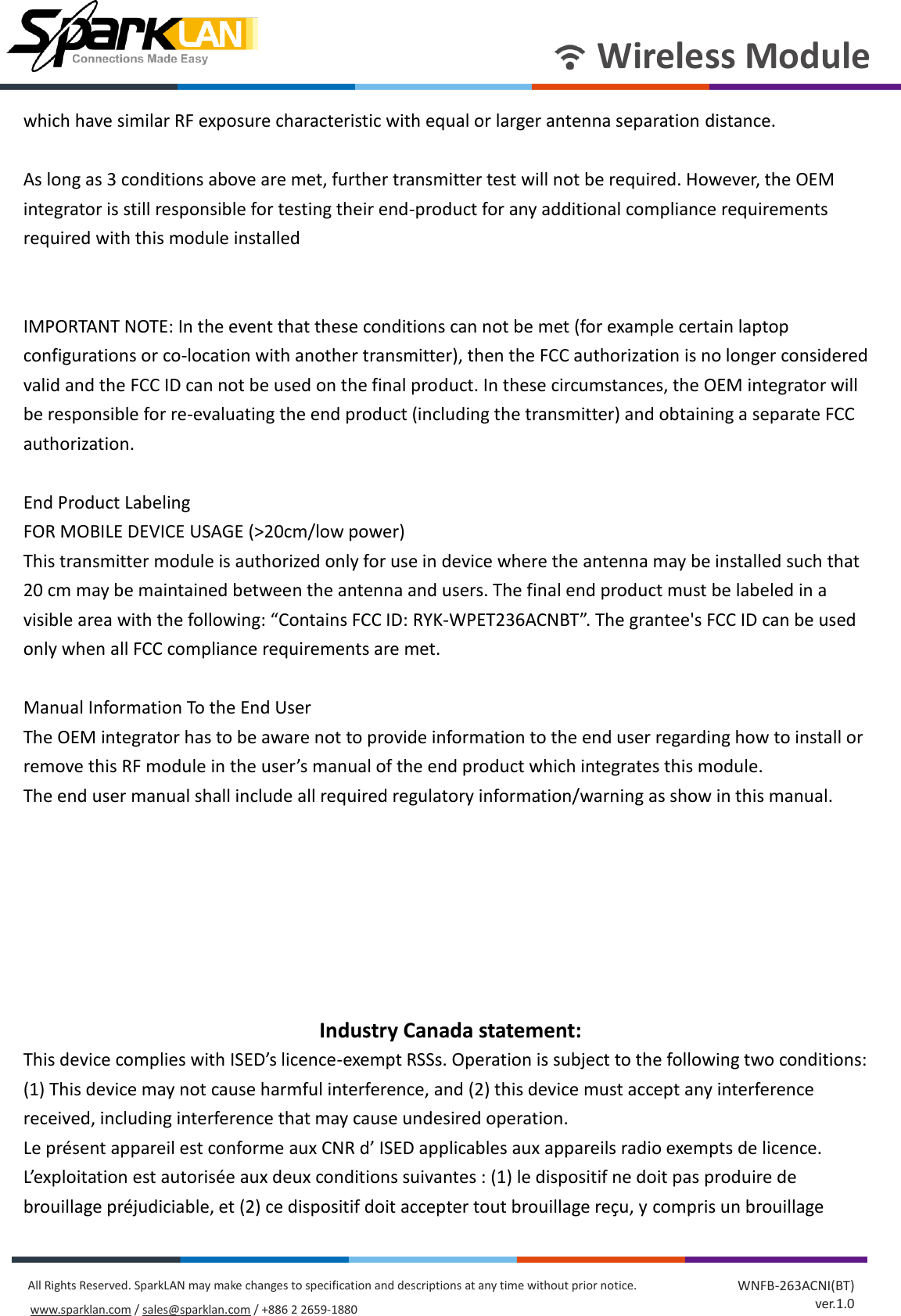 Page 9 of SparkLAN Communications WPET236ACNBT 802.11ac/a/b/g/n 2T2R Wi-Fi + Bluetooth 4.2 Half Mini PCIe Module User Manual rev2