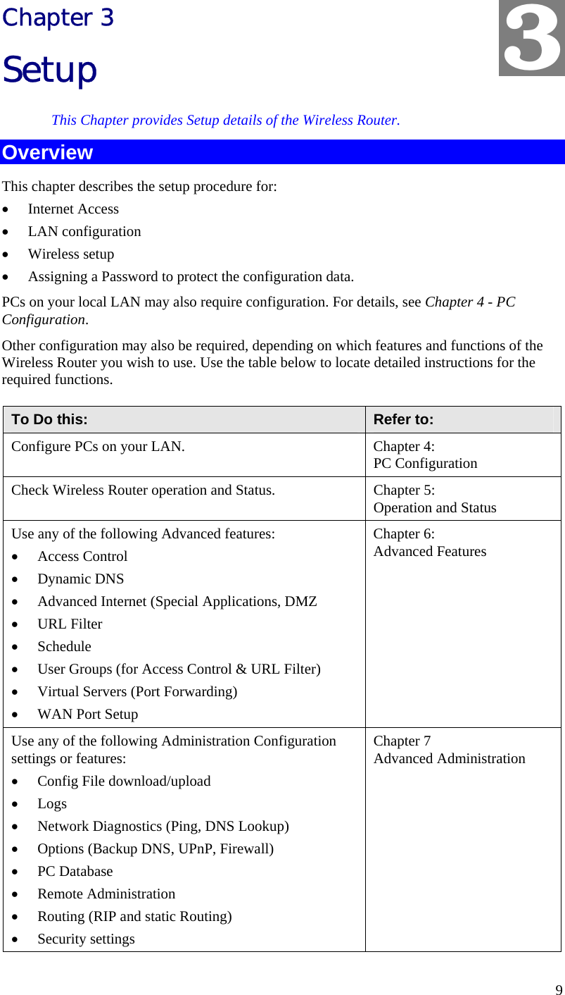  9 Chapter 3 Setup This Chapter provides Setup details of the Wireless Router. Overview This chapter describes the setup procedure for: •  Internet Access •  LAN configuration •  Wireless setup •  Assigning a Password to protect the configuration data. PCs on your local LAN may also require configuration. For details, see Chapter 4 - PC Configuration.  Other configuration may also be required, depending on which features and functions of the Wireless Router you wish to use. Use the table below to locate detailed instructions for the required functions. To Do this:  Refer to: Configure PCs on your LAN.  Chapter 4: PC Configuration Check Wireless Router operation and Status.  Chapter 5: Operation and Status Use any of the following Advanced features: •  Access Control •  Dynamic DNS •  Advanced Internet (Special Applications, DMZ •  URL Filter •  Schedule •  User Groups (for Access Control &amp; URL Filter) •  Virtual Servers (Port Forwarding) •  WAN Port Setup Chapter 6: Advanced Features Use any of the following Administration Configuration settings or features: •  Config File download/upload •  Logs  •  Network Diagnostics (Ping, DNS Lookup) •  Options (Backup DNS, UPnP, Firewall) •  PC Database •  Remote Administration •  Routing (RIP and static Routing) •  Security settings Chapter 7 Advanced Administration 3 