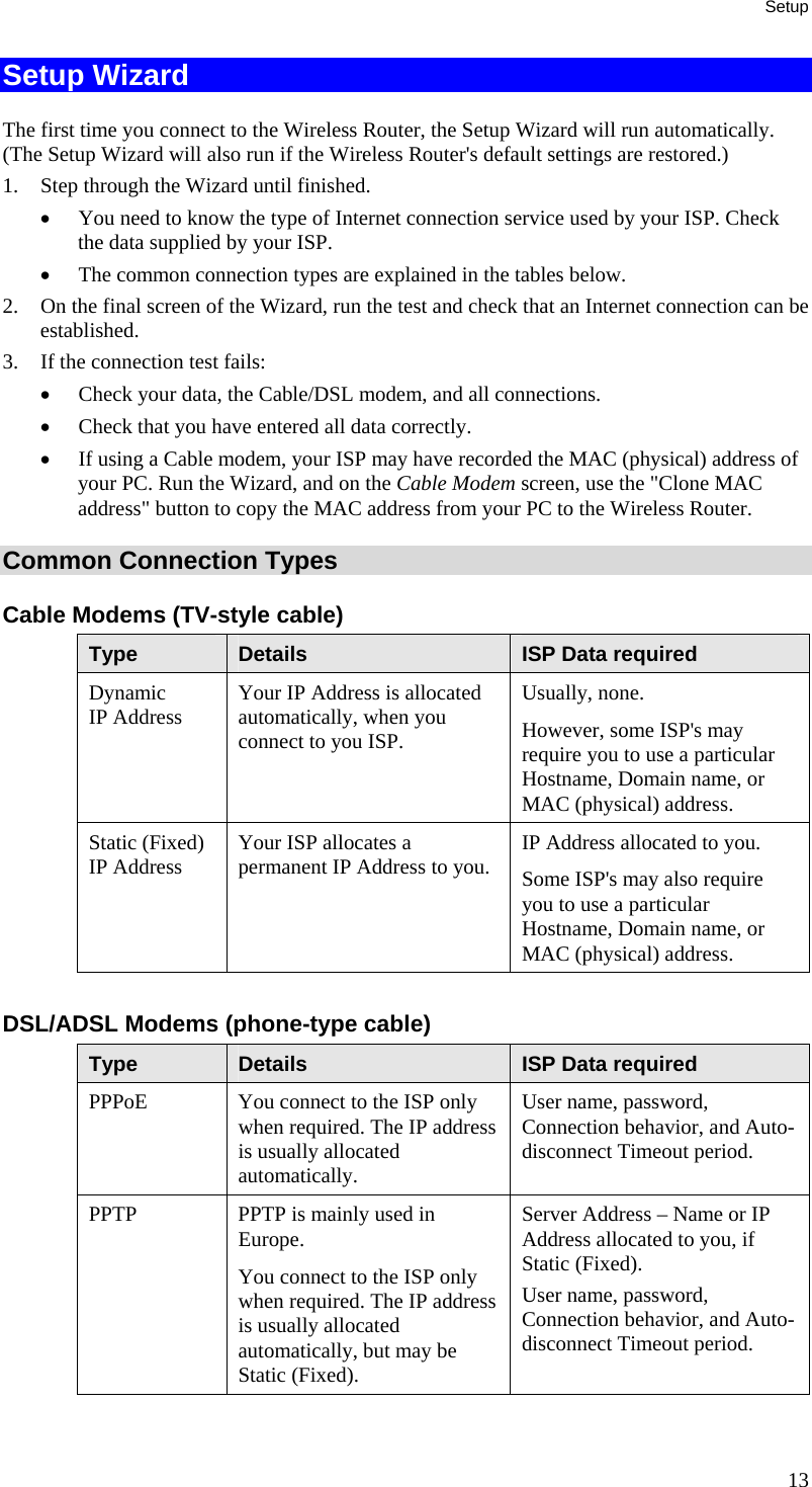 Setup 13 Setup Wizard The first time you connect to the Wireless Router, the Setup Wizard will run automatically. (The Setup Wizard will also run if the Wireless Router&apos;s default settings are restored.) 1.  Step through the Wizard until finished.  •  You need to know the type of Internet connection service used by your ISP. Check the data supplied by your ISP.  •  The common connection types are explained in the tables below. 2.  On the final screen of the Wizard, run the test and check that an Internet connection can be established. 3.  If the connection test fails: •  Check your data, the Cable/DSL modem, and all connections. •  Check that you have entered all data correctly. •  If using a Cable modem, your ISP may have recorded the MAC (physical) address of your PC. Run the Wizard, and on the Cable Modem screen, use the &quot;Clone MAC address&quot; button to copy the MAC address from your PC to the Wireless Router. Common Connection Types Cable Modems (TV-style cable) Type  Details  ISP Data required Dynamic IP Address  Your IP Address is allocated automatically, when you connect to you ISP. Usually, none.  However, some ISP&apos;s may require you to use a particular Hostname, Domain name, or MAC (physical) address. Static (Fixed) IP Address  Your ISP allocates a permanent IP Address to you.  IP Address allocated to you. Some ISP&apos;s may also require you to use a particular Hostname, Domain name, or MAC (physical) address.  DSL/ADSL Modems (phone-type cable) Type  Details  ISP Data required PPPoE  You connect to the ISP only when required. The IP address is usually allocated automatically. User name, password, Connection behavior, and Auto-disconnect Timeout period. PPTP  PPTP is mainly used in Europe. You connect to the ISP only when required. The IP address is usually allocated automatically, but may be Static (Fixed). Server Address – Name or IP Address allocated to you, if Static (Fixed). User name, password, Connection behavior, and Auto-disconnect Timeout period. 