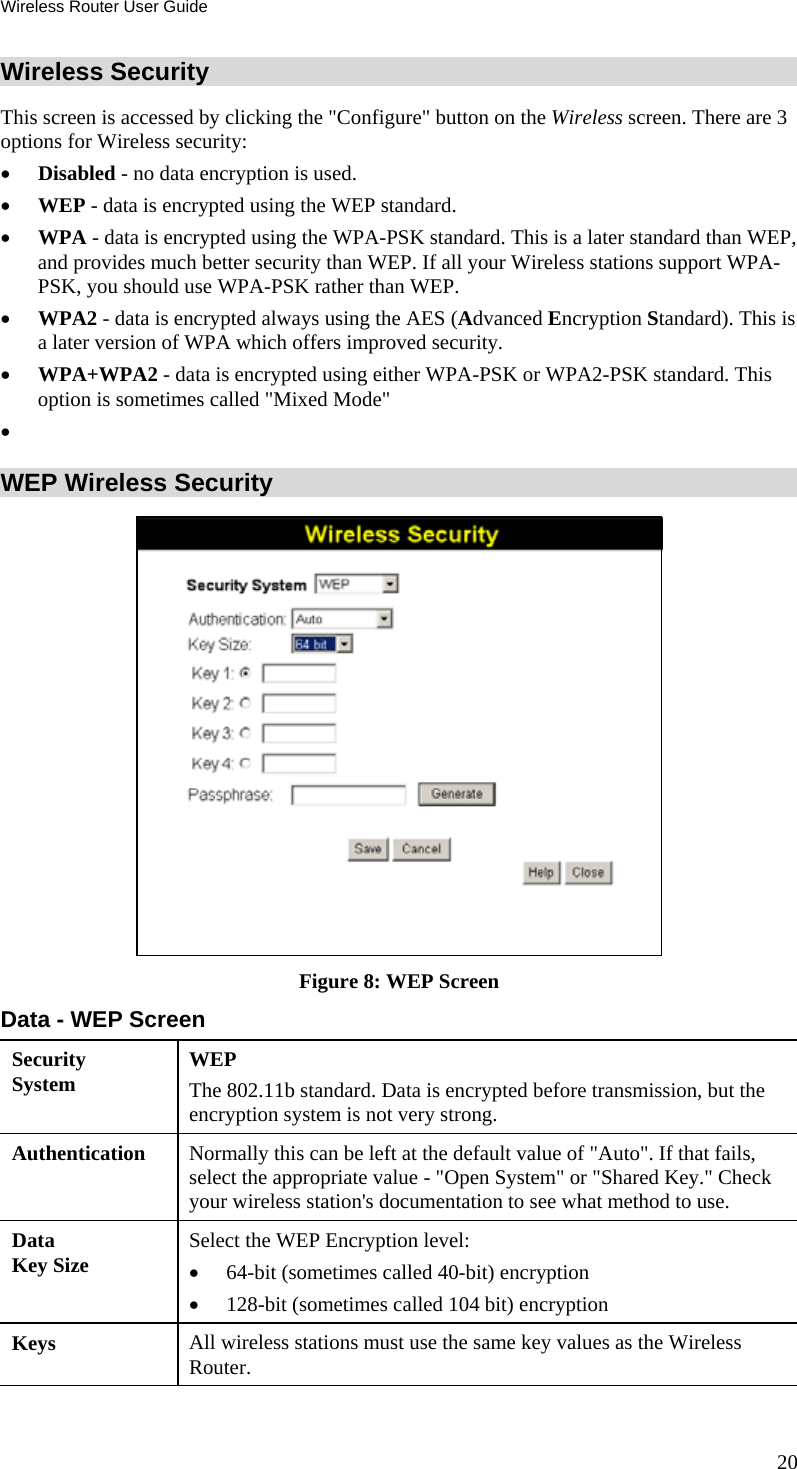 Wireless Router User Guide 20 Wireless Security  This screen is accessed by clicking the &quot;Configure&quot; button on the Wireless screen. There are 3 options for Wireless security: •  Disabled - no data encryption is used. •  WEP - data is encrypted using the WEP standard. •  WPA - data is encrypted using the WPA-PSK standard. This is a later standard than WEP, and provides much better security than WEP. If all your Wireless stations support WPA-PSK, you should use WPA-PSK rather than WEP. •  WPA2 - data is encrypted always using the AES (Advanced Encryption Standard). This is a later version of WPA which offers improved security. •  WPA+WPA2 - data is encrypted using either WPA-PSK or WPA2-PSK standard. This option is sometimes called &quot;Mixed Mode&quot; •   WEP Wireless Security  Figure 8: WEP Screen Data - WEP Screen Security System  WEP The 802.11b standard. Data is encrypted before transmission, but the encryption system is not very strong. Authentication   Normally this can be left at the default value of &quot;Auto&quot;. If that fails, select the appropriate value - &quot;Open System&quot; or &quot;Shared Key.&quot; Check your wireless station&apos;s documentation to see what method to use. Data Key Size  Select the WEP Encryption level:  •  64-bit (sometimes called 40-bit) encryption  •  128-bit (sometimes called 104 bit) encryption  Keys  All wireless stations must use the same key values as the Wireless Router. 