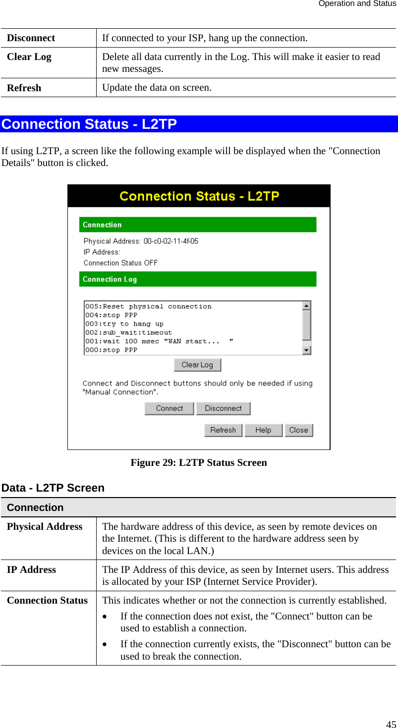 Operation and Status 45 Disconnect  If connected to your ISP, hang up the connection. Clear Log  Delete all data currently in the Log. This will make it easier to read new messages. Refresh  Update the data on screen.  Connection Status - L2TP If using L2TP, a screen like the following example will be displayed when the &quot;Connection Details&quot; button is clicked.  Figure 29: L2TP Status Screen Data - L2TP Screen Connection Physical Address  The hardware address of this device, as seen by remote devices on the Internet. (This is different to the hardware address seen by devices on the local LAN.) IP Address  The IP Address of this device, as seen by Internet users. This address is allocated by your ISP (Internet Service Provider). Connection Status This indicates whether or not the connection is currently established. •  If the connection does not exist, the &quot;Connect&quot; button can be used to establish a connection. •  If the connection currently exists, the &quot;Disconnect&quot; button can be used to break the connection. 