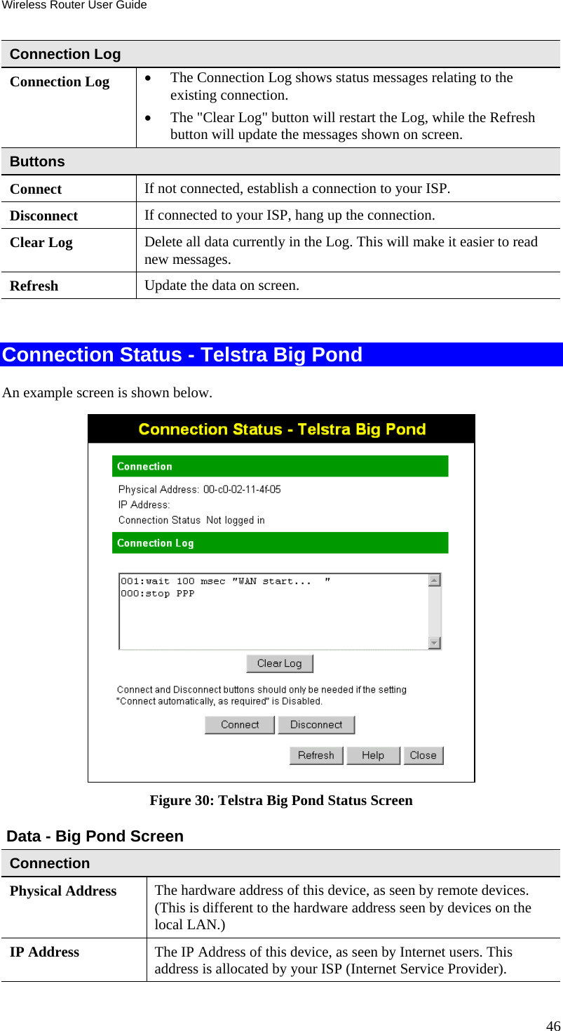 Wireless Router User Guide 46 Connection Log Connection Log  •  The Connection Log shows status messages relating to the existing connection. •  The &quot;Clear Log&quot; button will restart the Log, while the Refresh button will update the messages shown on screen. Buttons Connect  If not connected, establish a connection to your ISP. Disconnect  If connected to your ISP, hang up the connection. Clear Log  Delete all data currently in the Log. This will make it easier to read new messages. Refresh  Update the data on screen.  Connection Status - Telstra Big Pond An example screen is shown below.  Figure 30: Telstra Big Pond Status Screen  Data - Big Pond Screen Connection  Physical Address  The hardware address of this device, as seen by remote devices. (This is different to the hardware address seen by devices on the local LAN.) IP Address  The IP Address of this device, as seen by Internet users. This address is allocated by your ISP (Internet Service Provider). 