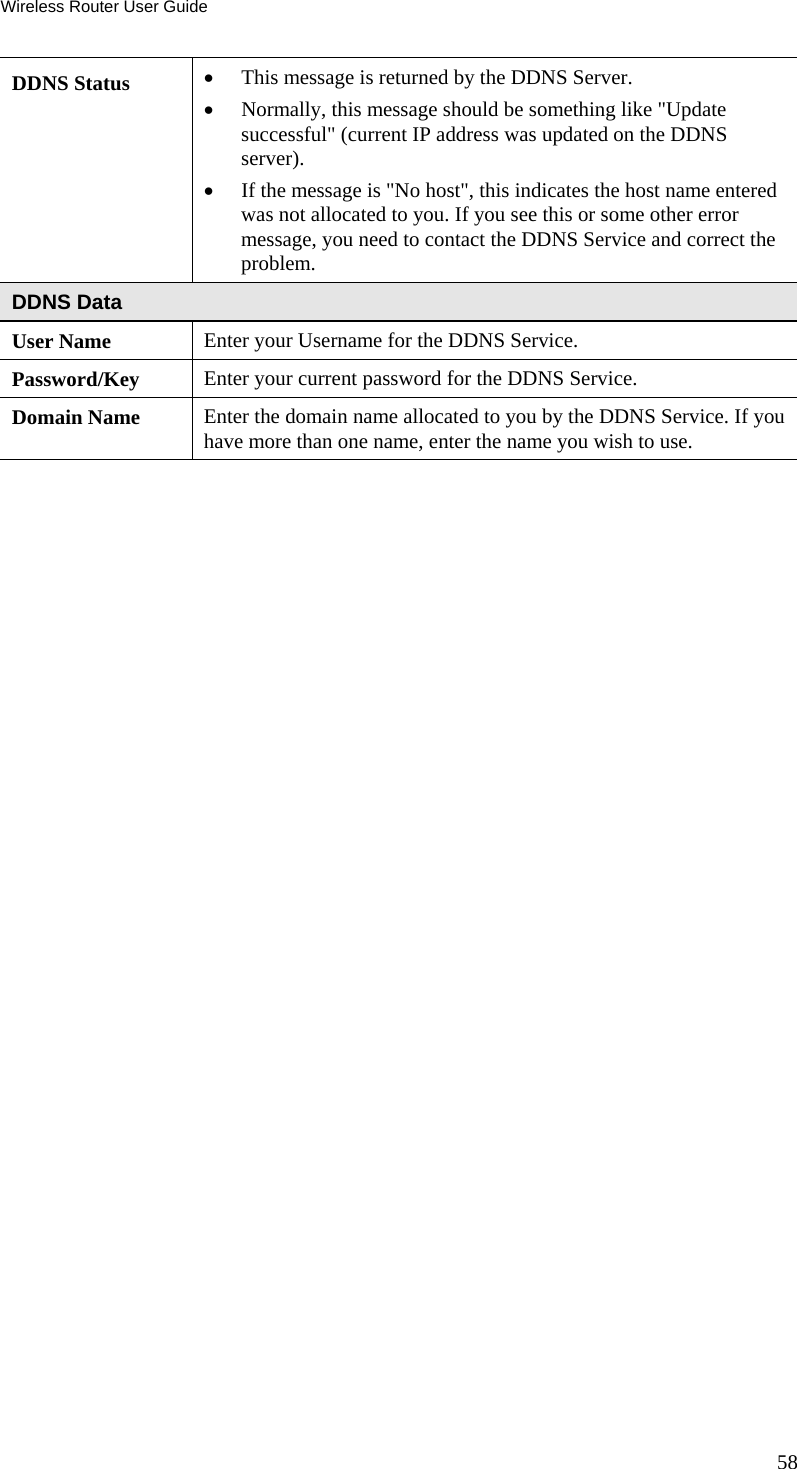 Wireless Router User Guide 58 DDNS Status  •  This message is returned by the DDNS Server.  •  Normally, this message should be something like &quot;Update successful&quot; (current IP address was updated on the DDNS server).  •  If the message is &quot;No host&quot;, this indicates the host name entered was not allocated to you. If you see this or some other error message, you need to contact the DDNS Service and correct the problem.  DDNS Data User Name  Enter your Username for the DDNS Service. Password/Key  Enter your current password for the DDNS Service. Domain Name  Enter the domain name allocated to you by the DDNS Service. If you have more than one name, enter the name you wish to use.   