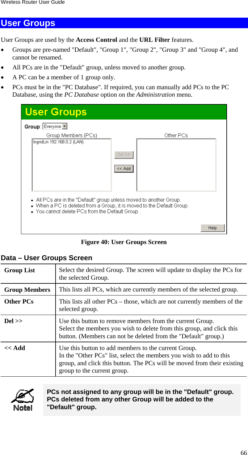 Wireless Router User Guide 66 User Groups User Groups are used by the TAccess ControlT and the URL Filter features. •  Groups are pre-named &quot;Default&quot;, &quot;Group 1&quot;, &quot;Group 2&quot;, &quot;Group 3&quot; and &quot;Group 4&quot;, and cannot be renamed.  •  All PCs are in the &quot;Default&quot; group, unless moved to another group.  •  A PC can be a member of 1 group only.  •  PCs must be in the &quot;PC Database&quot;. If required, you can manually add PCs to the PC Database, using the PC Database option on the Administration menu.   Figure 40: User Groups Screen Data – User Groups Screen Group List  Select the desired Group. The screen will update to display the PCs for the selected Group. Group Members  This lists all PCs, which are currently members of the selected group. Other PCs  This lists all other PCs – those, which are not currently members of the selected group. Del &gt;&gt;  Use this button to remove members from the current Group.  Select the members you wish to delete from this group, and click this button. (Members can not be deleted from the &quot;Default&quot; group.) &lt;&lt; Add  Use this button to add members to the current Group. In the &quot;Other PCs&quot; list, select the members you wish to add to this group, and click this button. The PCs will be moved from their existing group to the current group.   PCs not assigned to any group will be in the &quot;Default&quot; group. PCs deleted from any other Group will be added to the &quot;Default&quot; group. 