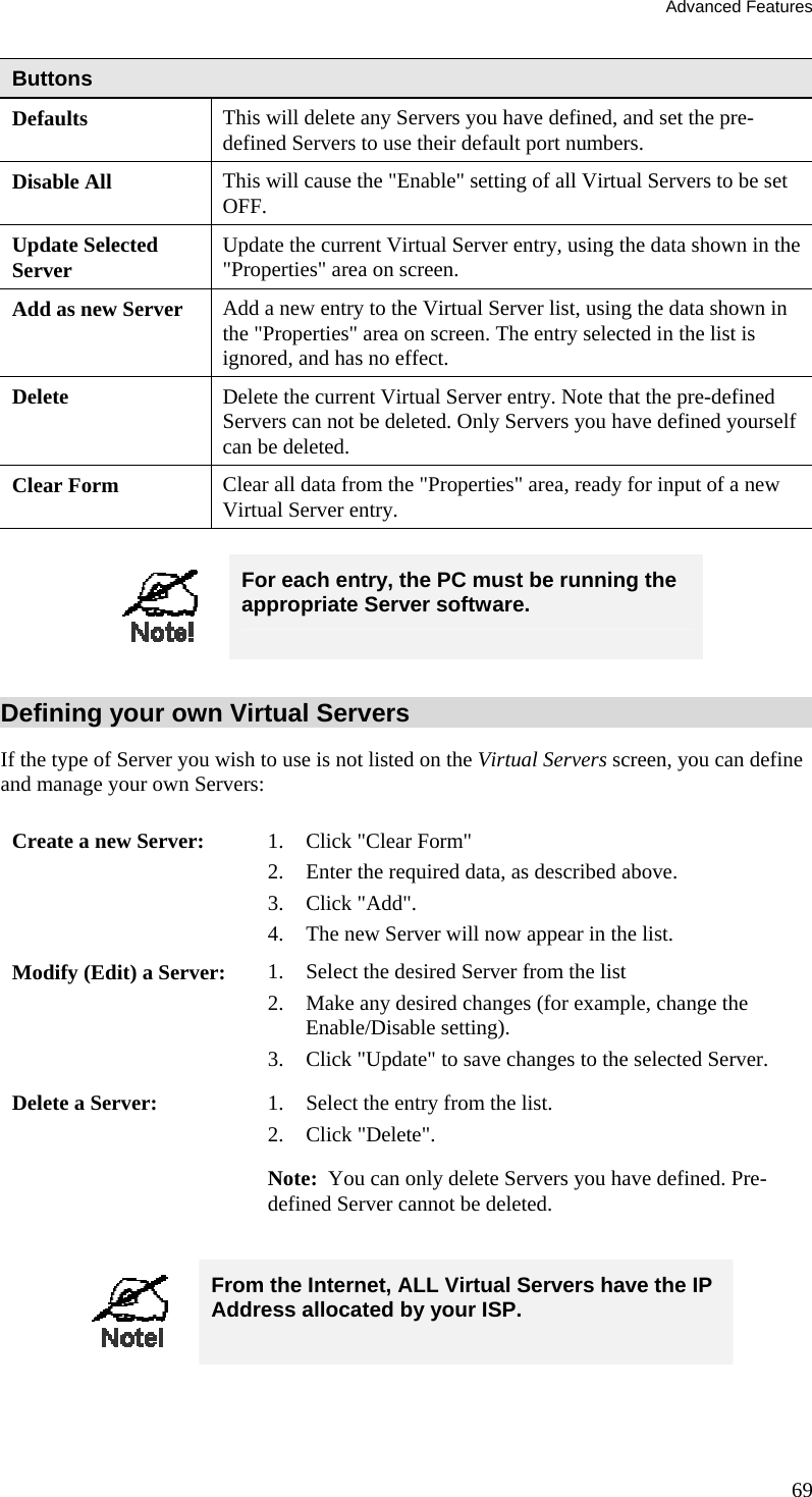 Advanced Features 69 Buttons Defaults This will delete any Servers you have defined, and set the pre-defined Servers to use their default port numbers. Disable All  This will cause the &quot;Enable&quot; setting of all Virtual Servers to be set OFF. Update Selected Server  Update the current Virtual Server entry, using the data shown in the &quot;Properties&quot; area on screen. Add as new Server  Add a new entry to the Virtual Server list, using the data shown in the &quot;Properties&quot; area on screen. The entry selected in the list is ignored, and has no effect. Delete  Delete the current Virtual Server entry. Note that the pre-defined Servers can not be deleted. Only Servers you have defined yourself can be deleted. Clear Form  Clear all data from the &quot;Properties&quot; area, ready for input of a new Virtual Server entry.   For each entry, the PC must be running the appropriate Server software. Defining your own Virtual Servers If the type of Server you wish to use is not listed on the Virtual Servers screen, you can define and manage your own Servers: Create a new Server:  1.  Click &quot;Clear Form&quot; 2.  Enter the required data, as described above. 3. Click &quot;Add&quot;. 4.  The new Server will now appear in the list. Modify (Edit) a Server:  1.  Select the desired Server from the list 2.  Make any desired changes (for example, change the Enable/Disable setting). 3.  Click &quot;Update&quot; to save changes to the selected Server. Delete a Server:  1.  Select the entry from the list. 2. Click &quot;Delete&quot;. Note:  You can only delete Servers you have defined. Pre-defined Server cannot be deleted.   From the Internet, ALL Virtual Servers have the IP Address allocated by your ISP.  