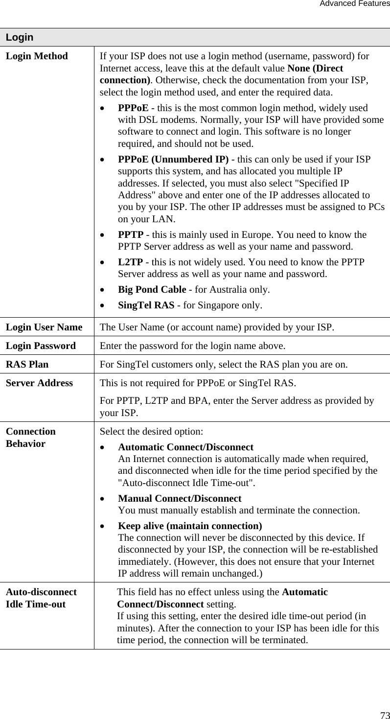 Advanced Features 73 Login Login Method  If your ISP does not use a login method (username, password) for Internet access, leave this at the default value None (Direct connection). Otherwise, check the documentation from your ISP, select the login method used, and enter the required data. •  PPPoE - this is the most common login method, widely used with DSL modems. Normally, your ISP will have provided some software to connect and login. This software is no longer required, and should not be used. •  PPPoE (Unnumbered IP) - this can only be used if your ISP supports this system, and has allocated you multiple IP addresses. If selected, you must also select &quot;Specified IP Address&quot; above and enter one of the IP addresses allocated to you by your ISP. The other IP addresses must be assigned to PCs on your LAN. •  PPTP - this is mainly used in Europe. You need to know the PPTP Server address as well as your name and password. •  L2TP - this is not widely used. You need to know the PPTP Server address as well as your name and password. •  Big Pond Cable - for Australia only. •  SingTel RAS - for Singapore only. Login User Name  The User Name (or account name) provided by your ISP. Login Password  Enter the password for the login name above. RAS Plan  For SingTel customers only, select the RAS plan you are on. Server Address  This is not required for PPPoE or SingTel RAS. For PPTP, L2TP and BPA, enter the Server address as provided by your ISP. Connection Behavior  Select the desired option: •  Automatic Connect/Disconnect An Internet connection is automatically made when required, and disconnected when idle for the time period specified by the &quot;Auto-disconnect Idle Time-out&quot;. •  Manual Connect/Disconnect  You must manually establish and terminate the connection. •  Keep alive (maintain connection)  The connection will never be disconnected by this device. If disconnected by your ISP, the connection will be re-established immediately. (However, this does not ensure that your Internet IP address will remain unchanged.) Auto-disconnect Idle Time-out  This field has no effect unless using the Automatic Connect/Disconnect setting.  If using this setting, enter the desired idle time-out period (in minutes). After the connection to your ISP has been idle for this time period, the connection will be terminated. 