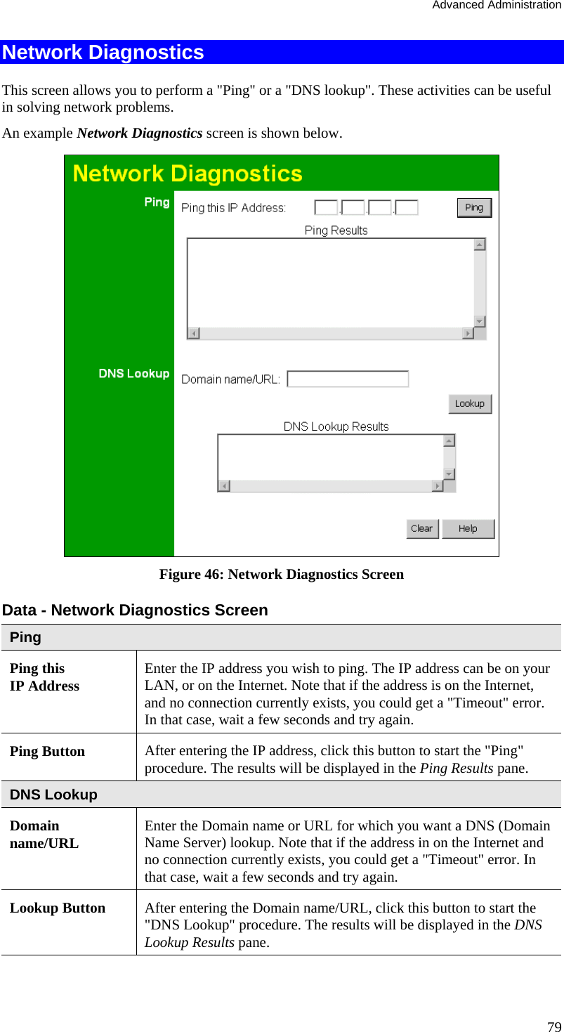 Advanced Administration 79 Network Diagnostics This screen allows you to perform a &quot;Ping&quot; or a &quot;DNS lookup&quot;. These activities can be useful in solving network problems. An example Network Diagnostics screen is shown below.  Figure 46: Network Diagnostics Screen Data - Network Diagnostics Screen Ping Ping this  IP Address  Enter the IP address you wish to ping. The IP address can be on your LAN, or on the Internet. Note that if the address is on the Internet, and no connection currently exists, you could get a &quot;Timeout&quot; error. In that case, wait a few seconds and try again. Ping Button  After entering the IP address, click this button to start the &quot;Ping&quot; procedure. The results will be displayed in the Ping Results pane. DNS Lookup Domain name/URL  Enter the Domain name or URL for which you want a DNS (Domain Name Server) lookup. Note that if the address in on the Internet and no connection currently exists, you could get a &quot;Timeout&quot; error. In that case, wait a few seconds and try again. Lookup Button  After entering the Domain name/URL, click this button to start the &quot;DNS Lookup&quot; procedure. The results will be displayed in the DNS Lookup Results pane.  