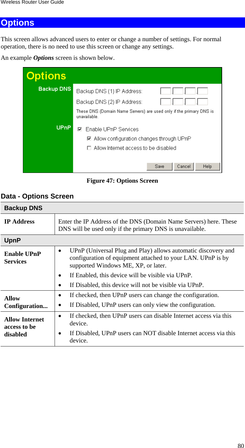 Wireless Router User Guide 80 Options This screen allows advanced users to enter or change a number of settings. For normal operation, there is no need to use this screen or change any settings. An example Options screen is shown below.   Figure 47: Options Screen Data - Options Screen Backup DNS IP Address  Enter the IP Address of the DNS (Domain Name Servers) here. These DNS will be used only if the primary DNS is unavailable. UpnP Enable UPnP Services •  UPnP (Universal Plug and Play) allows automatic discovery and configuration of equipment attached to your LAN. UPnP is by supported Windows ME, XP, or later.  •  If Enabled, this device will be visible via UPnP.  •  If Disabled, this device will not be visible via UPnP.  Allow Configuration... •  If checked, then UPnP users can change the configuration.  •  If Disabled, UPnP users can only view the configuration. Allow Internet access to be disabled •  If checked, then UPnP users can disable Internet access via this device.  •  If Disabled, UPnP users can NOT disable Internet access via this device.  