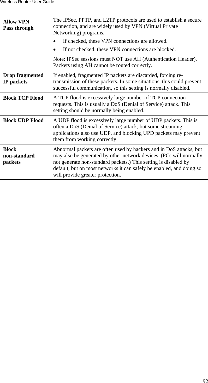 Wireless Router User Guide 92 Allow VPN Pass through The IPSec, PPTP, and L2TP protocols are used to establish a secure connection, and are widely used by VPN (Virtual Private Networking) programs.  •  If checked, these VPN connections are allowed.  •  If not checked, these VPN connections are blocked.  Note: IPSec sessions must NOT use AH (Authentication Header). Packets using AH cannot be routed correctly.  Drop fragmented IP packets  If enabled, fragmented IP packets are discarded, forcing re-transmission of these packets. In some situations, this could prevent successful communication, so this setting is normally disabled. Block TCP Flood  A TCP flood is excessively large number of TCP connection requests. This is usually a DoS (Denial of Service) attack. This setting should be normally being enabled. Block UDP Flood  A UDP flood is excessively large number of UDP packets. This is often a DoS (Denial of Service) attack, but some streaming applications also use UDP, and blocking UPD packets may prevent them from working correctly. Block non-standard packets Abnormal packets are often used by hackers and in DoS attacks, but may also be generated by other network devices. (PCs will normally not generate non-standard packets.) This setting is disabled by default, but on most networks it can safely be enabled, and doing so will provide greater protection.   