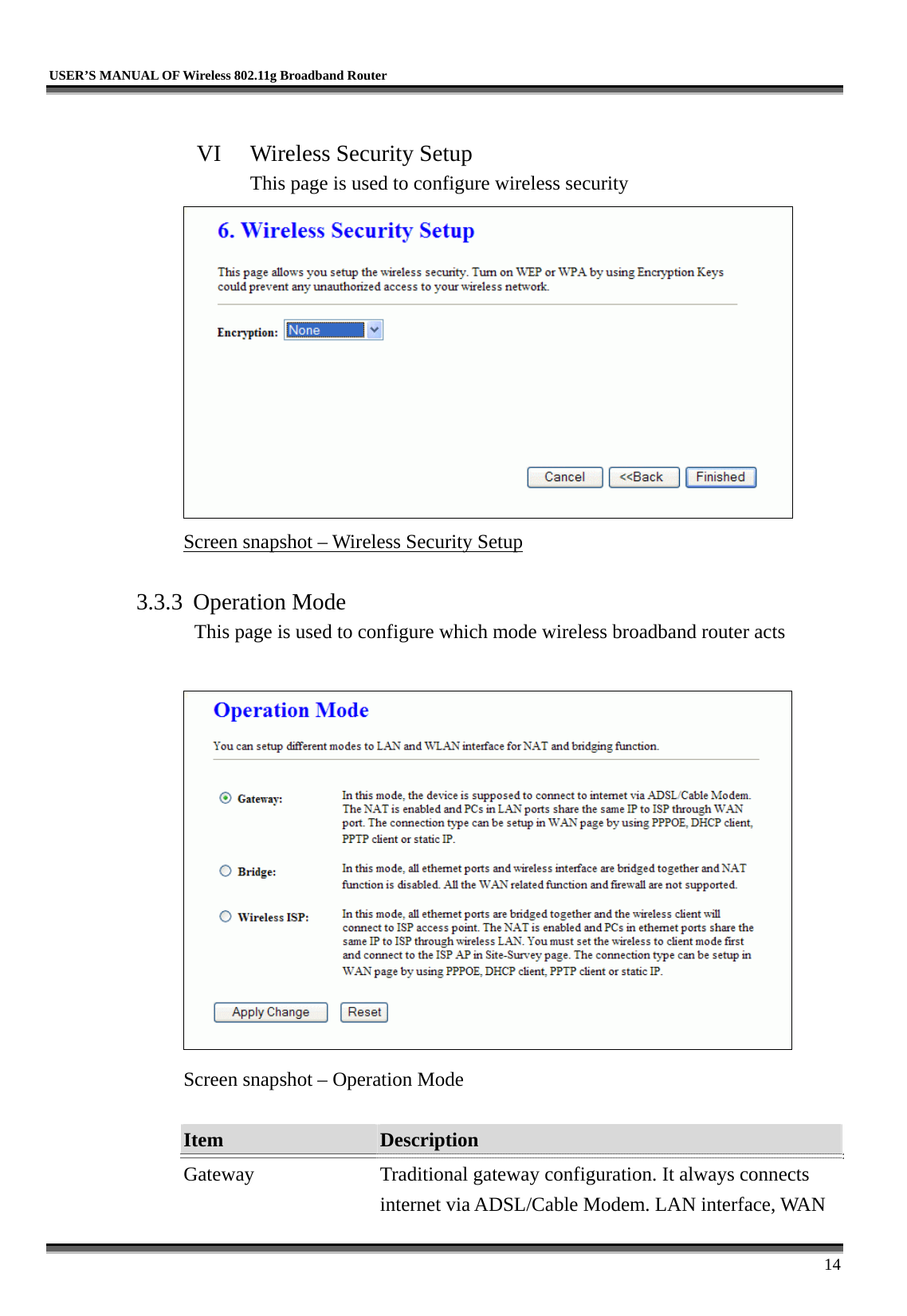   USER’S MANUAL OF Wireless 802.11g Broadband Router     14  VI  Wireless Security Setup This page is used to configure wireless security  Screen snapshot – Wireless Security Setup  3.3.3 Operation Mode This page is used to configure which mode wireless broadband router acts   Screen snapshot – Operation Mode  Item  Description   Gateway  Traditional gateway configuration. It always connects internet via ADSL/Cable Modem. LAN interface, WAN 