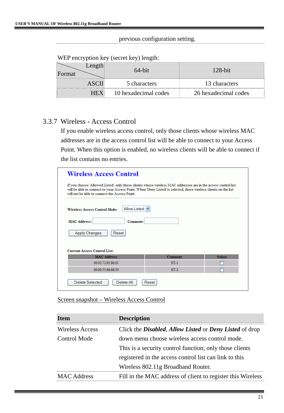   USER’S MANUAL OF Wireless 802.11g Broadband Router     21 previous configuration setting.  WEP encryption key (secret key) length: Length Format  64-bit  128-bit ASCII  5 characters  13 characters HEX  10 hexadecimal codes    26 hexadecimal codes   3.3.7  Wireless - Access Control If you enable wireless access control, only those clients whose wireless MAC addresses are in the access control list will be able to connect to your Access Point. When this option is enabled, no wireless clients will be able to connect if the list contains no entries.  Screen snapshot – Wireless Access Control  Item  Description   Wireless Access Control Mode Click the Disabled, Allow Listed or Deny Listed of drop down menu choose wireless access control mode. This is a security control function; only those clients registered in the access control list can link to this Wireless 802.11g Broadband Router.   MAC Address  Fill in the MAC address of client to register this Wireless 