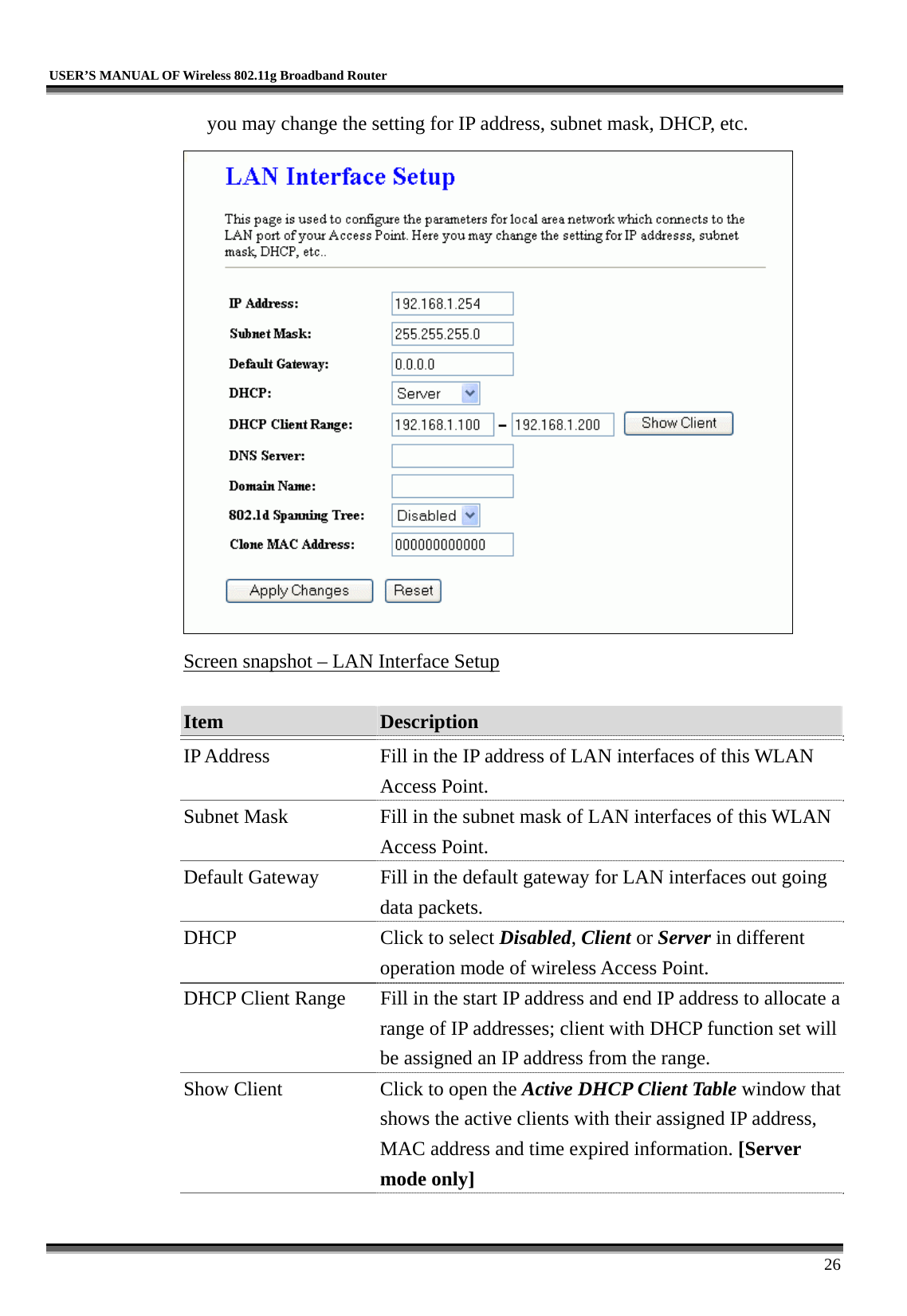   USER’S MANUAL OF Wireless 802.11g Broadband Router     26 you may change the setting for IP address, subnet mask, DHCP, etc.  Screen snapshot – LAN Interface Setup  Item  Description   IP Address  Fill in the IP address of LAN interfaces of this WLAN Access Point. Subnet Mask  Fill in the subnet mask of LAN interfaces of this WLAN Access Point. Default Gateway  Fill in the default gateway for LAN interfaces out going data packets. DHCP  Click to select Disabled, Client or Server in different operation mode of wireless Access Point. DHCP Client Range  Fill in the start IP address and end IP address to allocate a range of IP addresses; client with DHCP function set will be assigned an IP address from the range. Show Client  Click to open the Active DHCP Client Table window that shows the active clients with their assigned IP address, MAC address and time expired information. [Server mode only] 