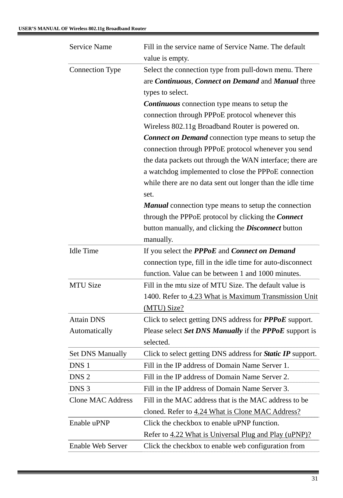   USER’S MANUAL OF Wireless 802.11g Broadband Router     31 Service Name  Fill in the service name of Service Name. The default value is empty. Connection Type  Select the connection type from pull-down menu. There are Continuous, Connect on Demand and Manual three types to select. Continuous connection type means to setup the connection through PPPoE protocol whenever this Wireless 802.11g Broadband Router is powered on. Connect on Demand connection type means to setup the connection through PPPoE protocol whenever you send the data packets out through the WAN interface; there are a watchdog implemented to close the PPPoE connection while there are no data sent out longer than the idle time set. Manual connection type means to setup the connection through the PPPoE protocol by clicking the Connect button manually, and clicking the Disconnect button manually. Idle Time  If you select the PPPoE and Connect on Demand connection type, fill in the idle time for auto-disconnect function. Value can be between 1 and 1000 minutes. MTU Size  Fill in the mtu size of MTU Size. The default value is 1400. Refer to 4.23 What is Maximum Transmission Unit (MTU) Size? Attain DNS Automatically Click to select getting DNS address for PPPoE support. Please select Set DNS Manually if the PPPoE support is selected. Set DNS Manually  Click to select getting DNS address for Static IP support.DNS 1  Fill in the IP address of Domain Name Server 1. DNS 2  Fill in the IP address of Domain Name Server 2. DNS 3  Fill in the IP address of Domain Name Server 3. Clone MAC Address  Fill in the MAC address that is the MAC address to be cloned. Refer to 4.24 What is Clone MAC Address? Enable uPNP  Click the checkbox to enable uPNP function. Refer to 4.22 What is Universal Plug and Play (uPNP)? Enable Web Server  Click the checkbox to enable web configuration from 