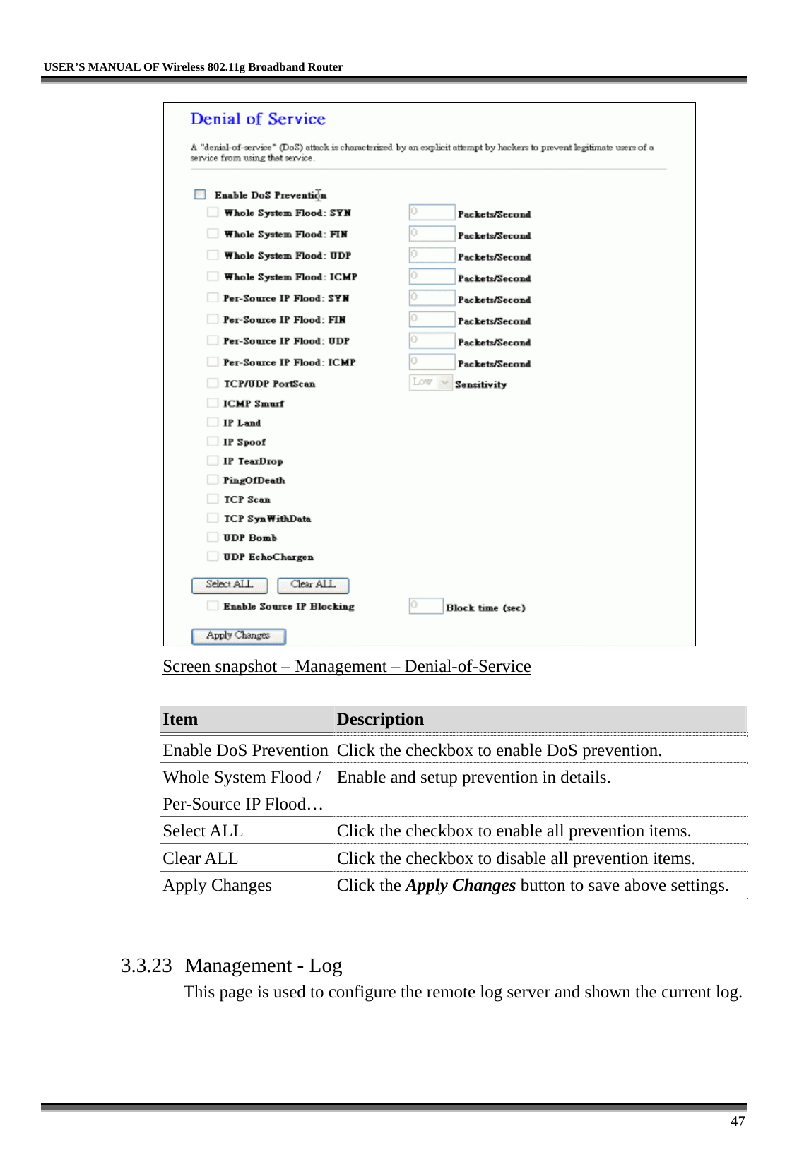   USER’S MANUAL OF Wireless 802.11g Broadband Router     47  Screen snapshot – Management – Denial-of-Service  Item  Description   Enable DoS Prevention Click the checkbox to enable DoS prevention. Whole System Flood / Per-Source IP Flood… Enable and setup prevention in details. Select ALL  Click the checkbox to enable all prevention items. Clear ALL  Click the checkbox to disable all prevention items. Apply Changes  Click the Apply Changes button to save above settings.   3.3.23  Management - Log This page is used to configure the remote log server and shown the current log.  