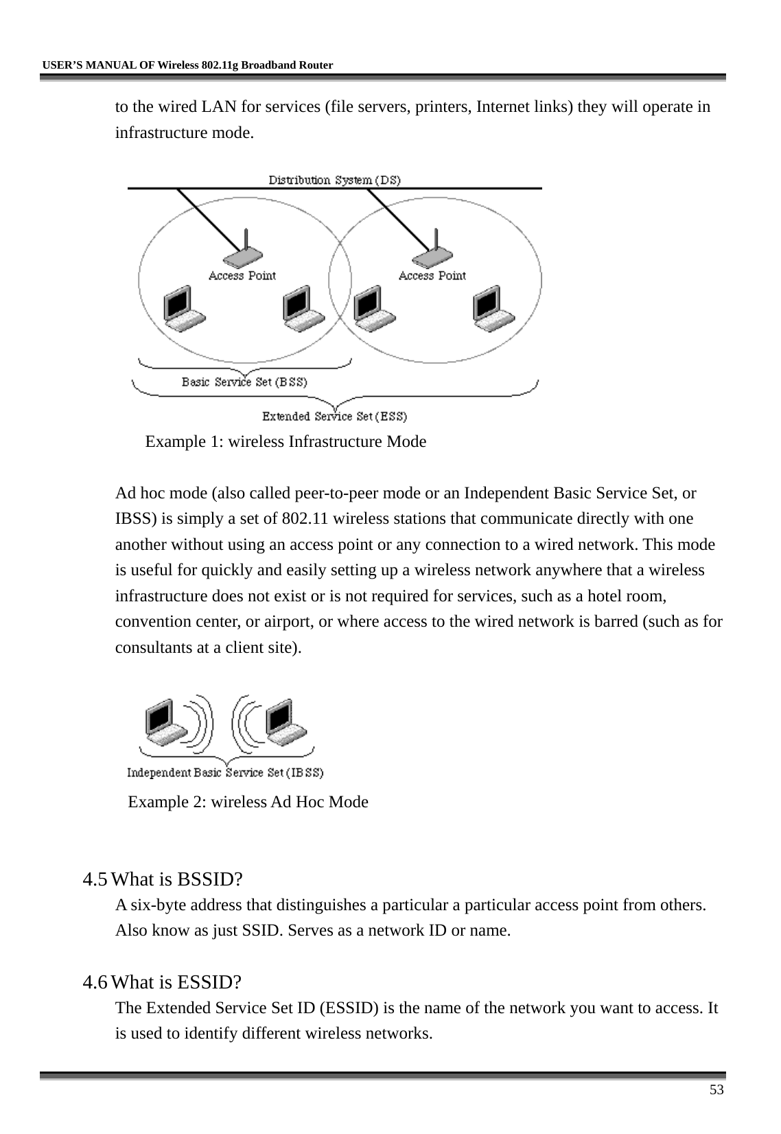   USER’S MANUAL OF Wireless 802.11g Broadband Router     53 to the wired LAN for services (file servers, printers, Internet links) they will operate in infrastructure mode.     Example 1: wireless Infrastructure Mode  Ad hoc mode (also called peer-to-peer mode or an Independent Basic Service Set, or IBSS) is simply a set of 802.11 wireless stations that communicate directly with one another without using an access point or any connection to a wired network. This mode is useful for quickly and easily setting up a wireless network anywhere that a wireless infrastructure does not exist or is not required for services, such as a hotel room, convention center, or airport, or where access to the wired network is barred (such as for consultants at a client site).     Example 2: wireless Ad Hoc Mode   4.5 What is BSSID?   A six-byte address that distinguishes a particular a particular access point from others. Also know as just SSID. Serves as a network ID or name.    4.6 What is ESSID?   The Extended Service Set ID (ESSID) is the name of the network you want to access. It is used to identify different wireless networks.   