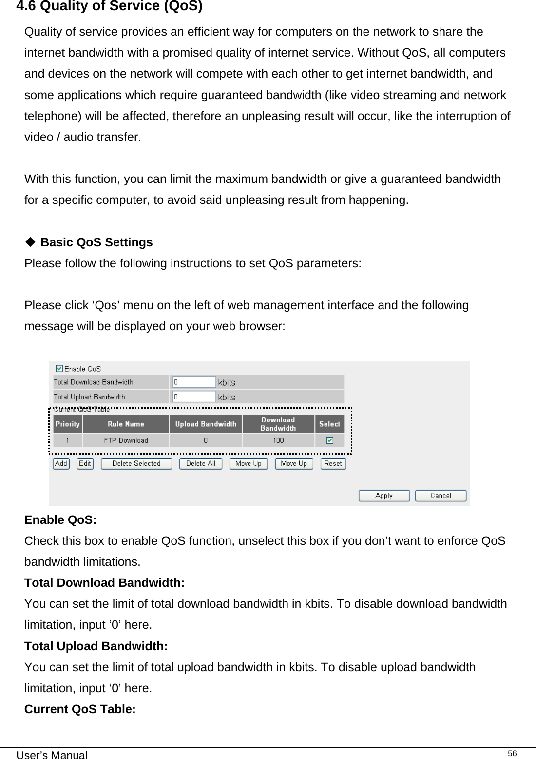                                                                                                                                                                                                                                                                                                                                                                                   User’s Manual   564.6 Quality of Service (QoS) Quality of service provides an efficient way for computers on the network to share the internet bandwidth with a promised quality of internet service. Without QoS, all computers and devices on the network will compete with each other to get internet bandwidth, and some applications which require guaranteed bandwidth (like video streaming and network telephone) will be affected, therefore an unpleasing result will occur, like the interruption of video / audio transfer.   With this function, you can limit the maximum bandwidth or give a guaranteed bandwidth for a specific computer, to avoid said unpleasing result from happening.   Basic QoS Settings Please follow the following instructions to set QoS parameters:  Please click ‘Qos’ menu on the left of web management interface and the following message will be displayed on your web browser:   Enable QoS:    Check this box to enable QoS function, unselect this box if you don’t want to enforce QoS bandwidth limitations. Total Download Bandwidth:   You can set the limit of total download bandwidth in kbits. To disable download bandwidth limitation, input ‘0’ here. Total Upload Bandwidth:   You can set the limit of total upload bandwidth in kbits. To disable upload bandwidth limitation, input ‘0’ here. Current QoS Table:  