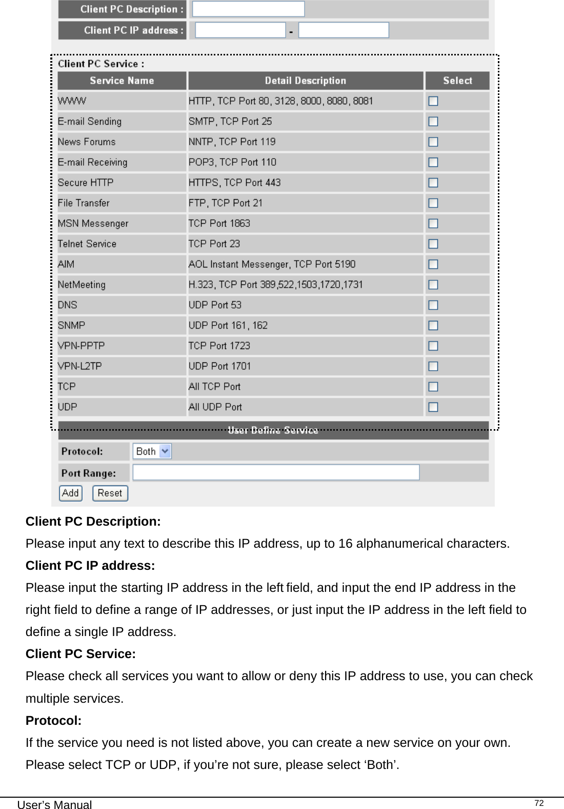                                                                                                                                                                                                                                                                                                                                                                                   User’s Manual   72 Client PC Description:   Please input any text to describe this IP address, up to 16 alphanumerical characters. Client PC IP address:     Please input the starting IP address in the left field, and input the end IP address in the right field to define a range of IP addresses, or just input the IP address in the left field to define a single IP address. Client PC Service:       Please check all services you want to allow or deny this IP address to use, you can check multiple services. Protocol:      If the service you need is not listed above, you can create a new service on your own. Please select TCP or UDP, if you’re not sure, please select ‘Both’. 