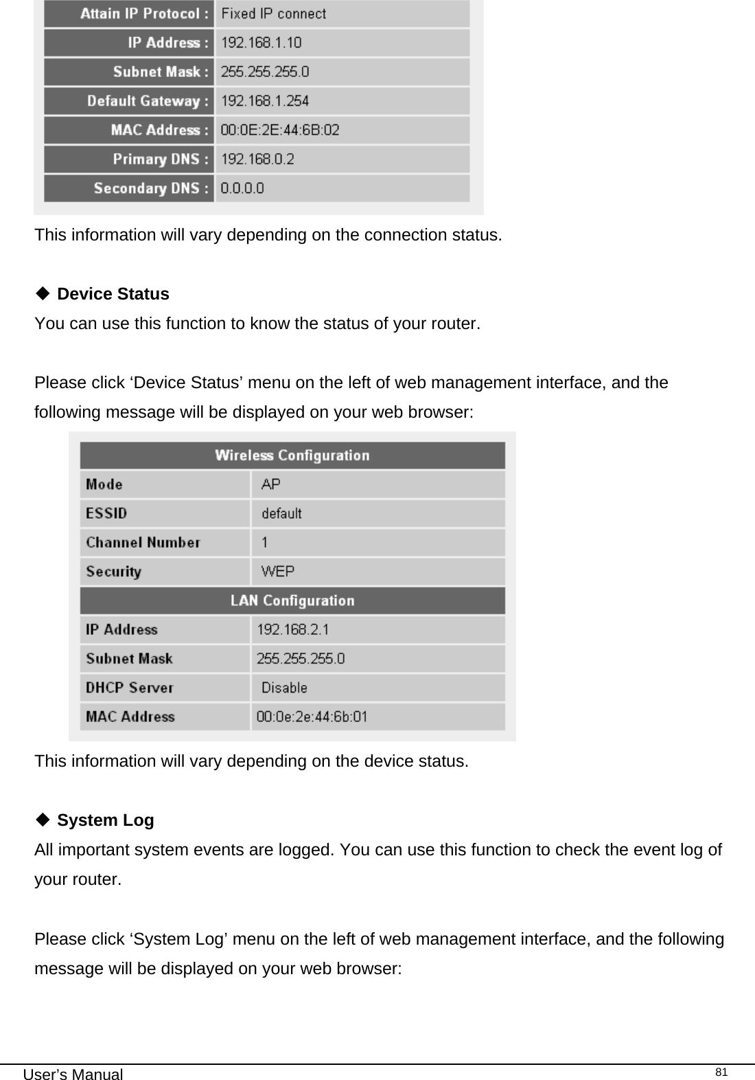                                                                                                                                                                                                                                                                                                                                                                                   User’s Manual   81 This information will vary depending on the connection status.   Device Status You can use this function to know the status of your router.  Please click ‘Device Status’ menu on the left of web management interface, and the following message will be displayed on your web browser:  This information will vary depending on the device status.   System Log All important system events are logged. You can use this function to check the event log of your router.  Please click ‘System Log’ menu on the left of web management interface, and the following message will be displayed on your web browser:  