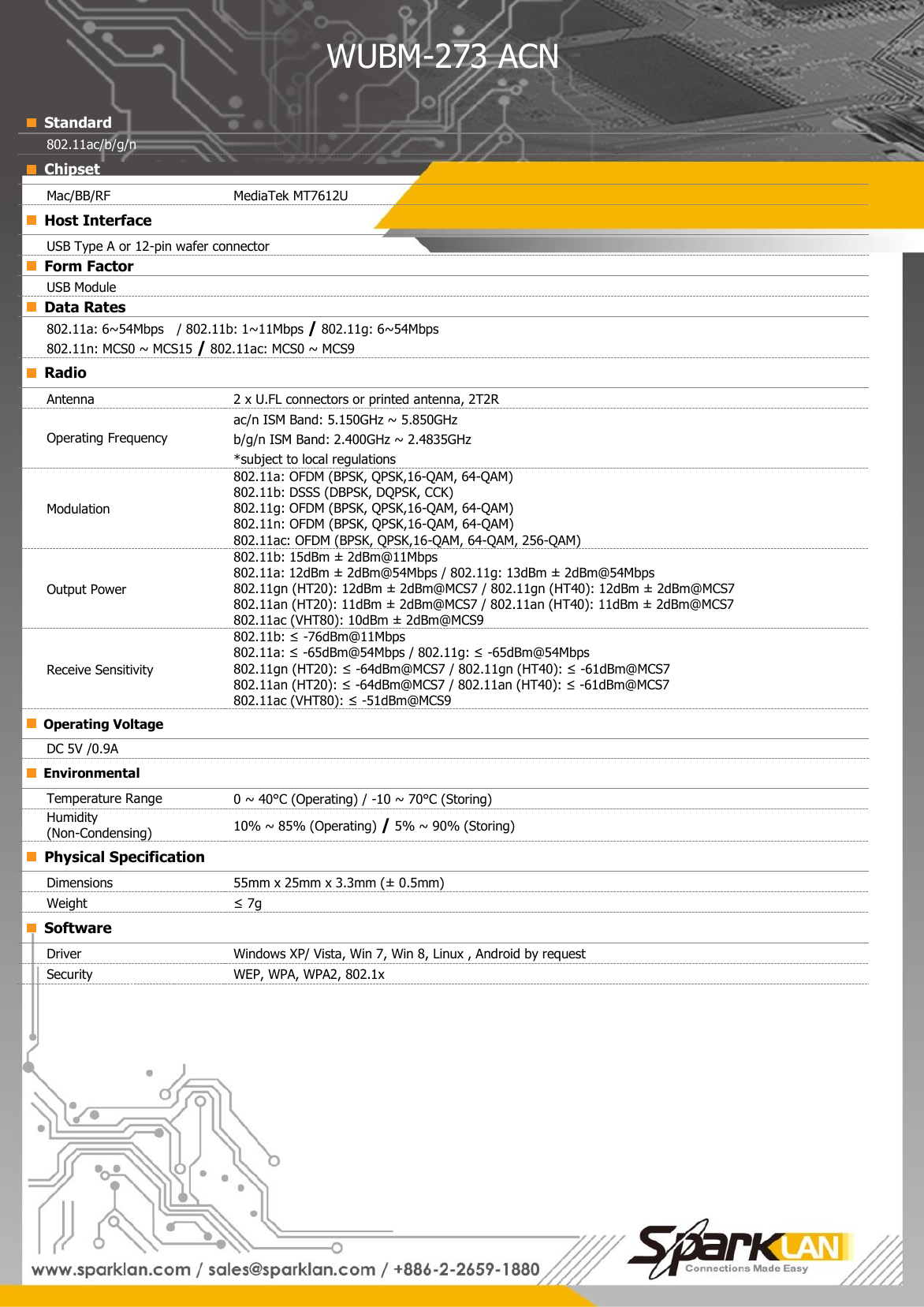 WUBM-273 ACN             Standard 802.11ac/b/g/n   Chipset   Mac/BB/RF MediaTek MT7612U   Host Interface   USB Type A or 12-pin wafer connector     Form Factor USB Module   Data Rates 802.11a: 6~54Mbps    / 802.11b: 1~11Mbps / 802.11g: 6~54Mbps   802.11n: MCS0 ~ MCS15 / 802.11ac: MCS0 ~ MCS9   Radio   Antenna   2 x U.FL connectors or printed antenna, 2T2R Operating Frequency   ac/n ISM Band: 5.150GHz ~ 5.850GHz   b/g/n ISM Band: 2.400GHz ~ 2.4835GHz                                         *subject to local regulations Modulation   802.11a: OFDM (BPSK, QPSK,16-QAM, 64-QAM) 802.11b: DSSS (DBPSK, DQPSK, CCK)   802.11g: OFDM (BPSK, QPSK,16-QAM, 64-QAM) 802.11n: OFDM (BPSK, QPSK,16-QAM, 64-QAM) 802.11ac: OFDM (BPSK, QPSK,16-QAM, 64-QAM, 256-QAM) Output Power   802.11b: 15dBm ±  2dBm@11Mbps   802.11a: 12dBm ±  2dBm@54Mbps / 802.11g: 13dBm ±  2dBm@54Mbps   802.11gn (HT20): 12dBm ±  2dBm@MCS7 / 802.11gn (HT40): 12dBm ±  2dBm@MCS7 802.11an (HT20): 11dBm ±  2dBm@MCS7 / 802.11an (HT40): 11dBm ±  2dBm@MCS7 802.11ac (VHT80): 10dBm ±  2dBm@MCS9 Receive Sensitivity   802.11b: ≤ -76dBm@11Mbps   802.11a: ≤ -65dBm@54Mbps / 802.11g: ≤ -65dBm@54Mbps 802.11gn (HT20): ≤ -64dBm@MCS7 / 802.11gn (HT40): ≤ -61dBm@MCS7 802.11an (HT20): ≤ -64dBm@MCS7 / 802.11an (HT40): ≤ -61dBm@MCS7 802.11ac (VHT80): ≤ -51dBm@MCS9  Operating Voltage   DC 5V /0.9A  Environmental   Temperature Range   0 ~ 40°C (Operating) / -10 ~ 70°C (Storing)   Humidity (Non-Condensing) 10% ~ 85% (Operating) / 5% ~ 90% (Storing)   Physical Specification   Dimensions   55mm x 25mm x 3.3mm (±  0.5mm) Weight   ≤ 7g   Software   Driver   Windows XP/ Vista, Win 7, Win 8, Linux , Android by request   Security   WEP, WPA, WPA2, 802.1x 