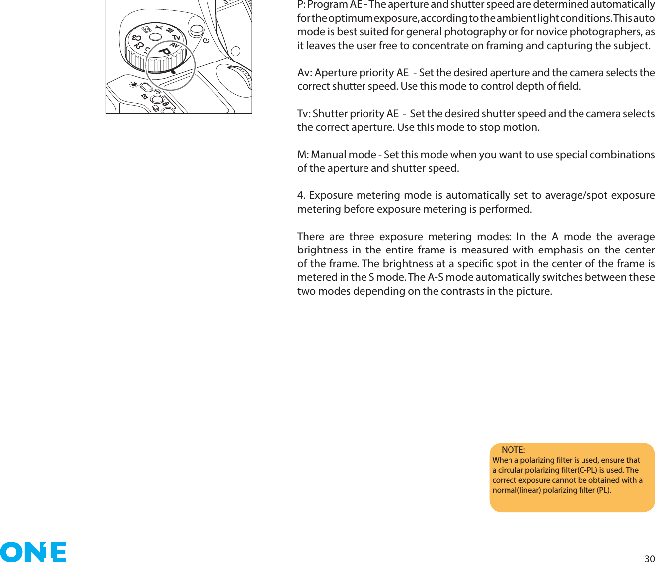 30P: Program AE - The aperture and shutter speed are determined automatically for the optimum exposure, according to the ambient light conditions. This auto mode is best suited for general photography or for novice photographers, as it leaves the user free to concentrate on framing and capturing the subject.Av: Aperture priority AE  - Set the desired aperture and the camera selects the correct shutter speed. Use this mode to control depth of eld.Tv: Shutter priority AE  -  Set the desired shutter speed and the camera selects the correct aperture. Use this mode to stop motion. M: Manual mode - Set this mode when you want to use special combinations of the aperture and shutter speed. 4. Exposure metering mode is automatically set to average/spot exposure metering before exposure metering is performed. There are three exposure metering modes: In the A mode the average brightness in the entire frame is measured with emphasis on the center of the frame. The brightness at a specic spot in the center of the frame is metered in the S mode. The A-S mode automatically switches between these two modes depending on the contrasts in the picture. NOTE: When a polarizing lter is used, ensure that a circular polarizing lter(C-PL) is used. The correct exposure cannot be obtained with a normal(linear) polarizing lter (PL).PAvTvMXCFC1C2C3
