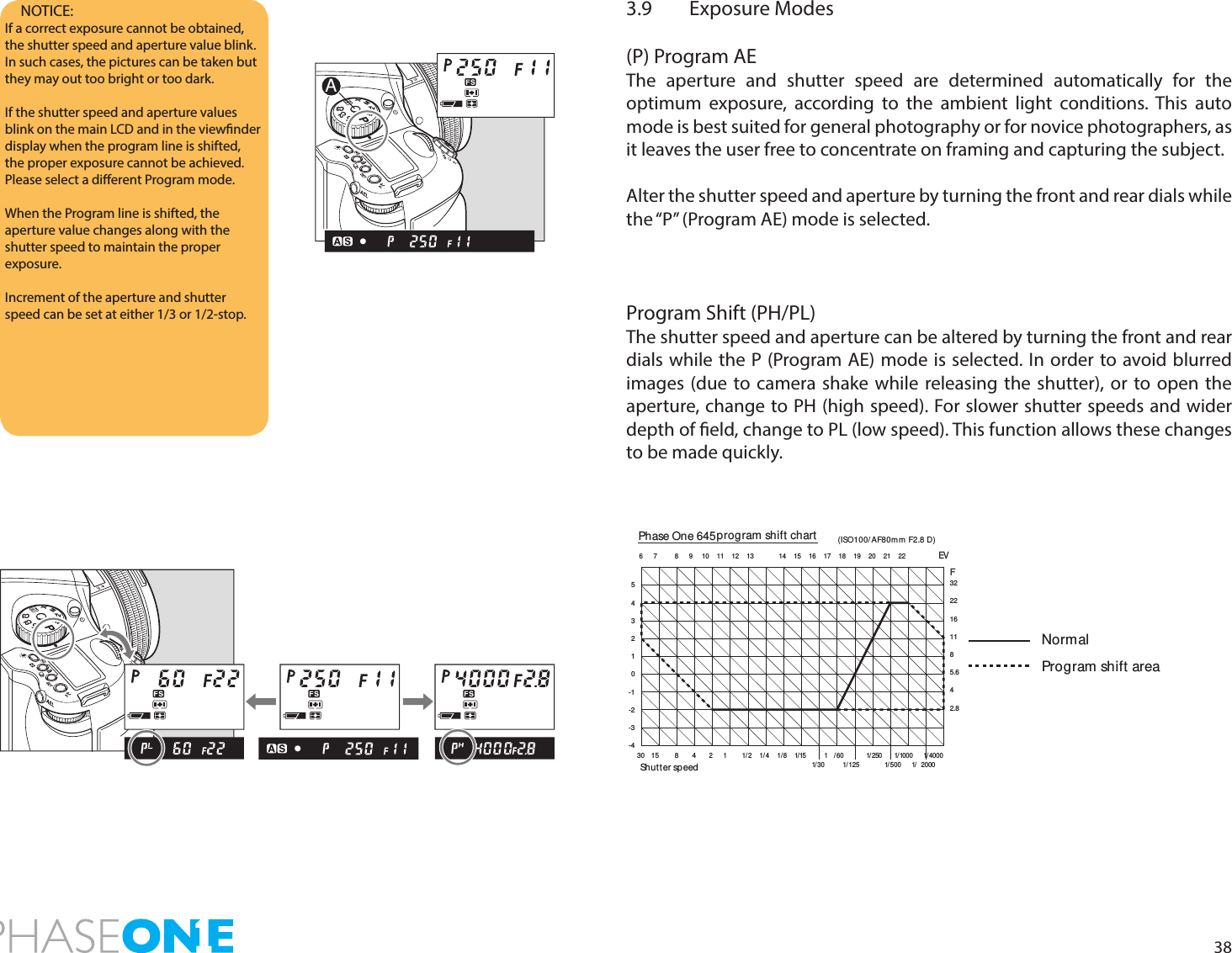 383.9  Exposure Modes(P) Program AEThe aperture and shutter speed are determined automatically for the optimum exposure, according to the ambient light conditions. This auto mode is best suited for general photography or for novice photographers, as it leaves the user free to concentrate on framing and capturing the subject.Alter the shutter speed and aperture by turning the front and rear dials while the “P” (Program AE) mode is selected. Program Shift (PH/PL)The shutter speed and aperture can be altered by turning the front and rear dials while the P (Program AE) mode is selected. In order to avoid blurred images (due to camera shake while releasing the shutter), or to open the aperture, change to PH (high speed). For slower shutter speeds and wider depth of eld, change to PL (low speed). This function allows these changes to be made quickly.NOTICE: If a correct exposure cannot be obtained, the shutter speed and aperture value blink. In such cases, the pictures can be taken but they may out too bright or too dark.If the shutter speed and aperture values blink on the main LCD and in the viewnder display when the program line is shifted, the proper exposure cannot be achieved.Please select a dierent Program mode.When the Program line is shifted, the aperture value changes along with the shutter speed to maintain the proper exposure.Increment of the aperture and shutter speed can be set at either 1/3 or 1/2-stop. PAvTvMXCFC1C2C3APAvTvMXCFC1C2C3543210-1-2-3-430    15 8 42       1 1/2 1/4 1/ 8 1/15            1 /60 1/ 250        1/1000       1/ 40001/ 30            1/ 125       1/500       1/ 20006       7 8       9      10     11     12     13 14     15     16     17     18     19     20     21     22EVShut ter speed(ISO100/ A F8 0m m F2.8 D)F3222161185.642.8Phase One 645 program shift chartNormalProgram shift area