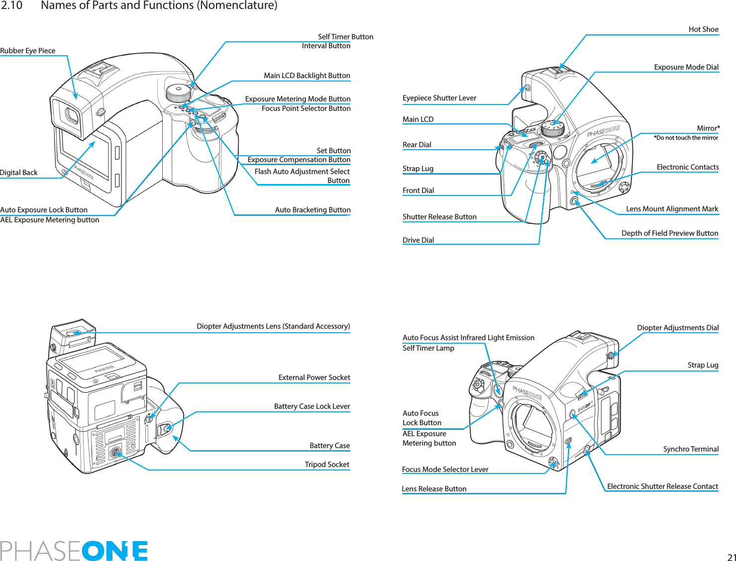 212.10   Names of Parts and Functions (Nomenclature)Rubber Eye PieceDigital BackAuto Exposure Lock ButtonAEL Exposure Metering buttonSelf Timer ButtonInterval ButtonMain LCD Backlight ButtonExposure Metering Mode ButtonFocus Point Selector ButtonSet ButtonFlash Auto Adjustment Select ButtonExposure Compensation ButtonAuto Bracketing ButtonEyepiece Shutter LeverMain LCDRear DialStrap LugFront DialShutter Release ButtonDrive Dial Depth of Field Preview ButtonLens Mount Alignment MarkElectronic ContactsMirror**Do not touch the mirrorExposure Mode DialHot ShoeDiopter Adjustments Lens (Standard Accessory)External Power SocketBattery Case Lock LeverBattery CaseTripod SocketAuto Focus Assist Infrared Light Emission Self Timer LampAuto Focus Lock ButtonFocus Mode Selector LeverLens Release ButtonDiopter Adjustments DialStrap LugSynchro TerminalElectronic Shutter Release ContactAEL Exposure Metering button