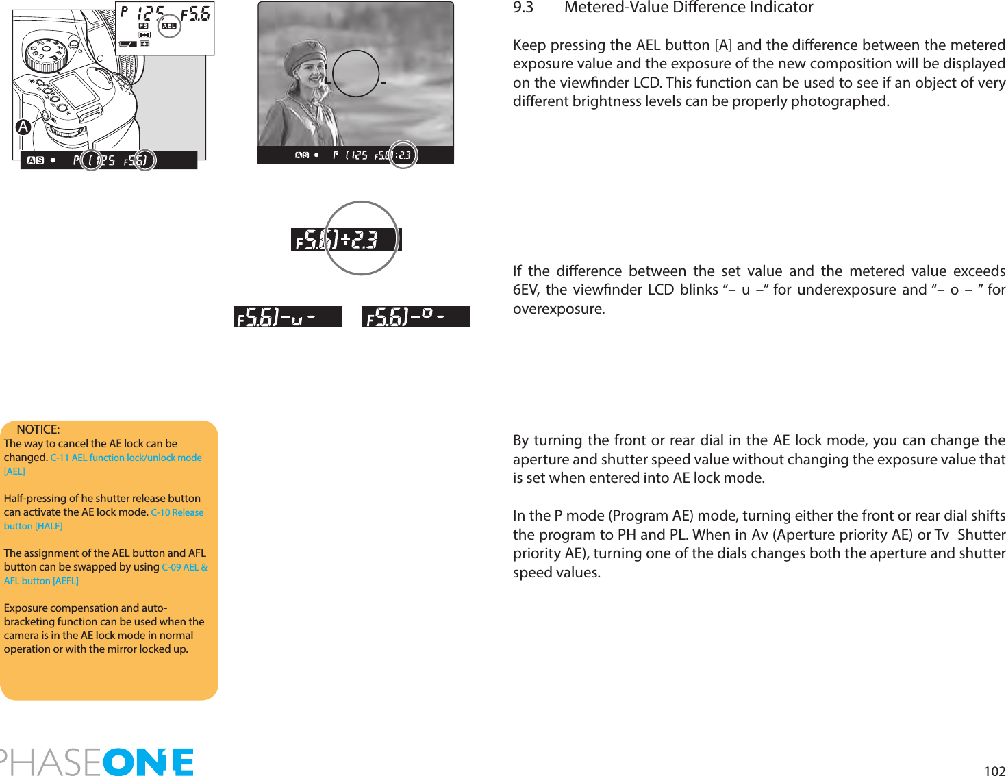 1029.3  Metered-Value Dierence IndicatorKeep pressing the AEL button [A] and the dierence between the metered exposure value and the exposure of the new composition will be displayed on the viewnder LCD. This function can be used to see if an object of very dierent brightness levels can be properly photographed.If the dierence between the set value and the metered value exceeds 6EV, the viewnder LCD blinks “– u –” for underexposure and “– o – ” for overexposure.By turning the front or rear dial in the AE lock mode, you can change the aperture and shutter speed value without changing the exposure value that is set when entered into AE lock mode.In the P mode (Program AE) mode, turning either the front or rear dial shifts the program to PH and PL. When in Av (Aperture priority AE) or Tv  Shutter priority AE), turning one of the dials changes both the aperture and shutter speed values.NOTICE:The way to cancel the AE lock can be changed. C-11 AEL function lock/unlock mode [AEL]Half-pressing of he shutter release button can activate the AE lock mode. C-10 Release button [HALF]The assignment of the AEL button and AFL button can be swapped by using C-09 AEL &amp; AFL button [AEFL]Exposure compensation and auto-bracketing function can be used when the camera is in the AE lock mode in normal operation or with the mirror locked up.PAvTvMXCFC1C2C3A