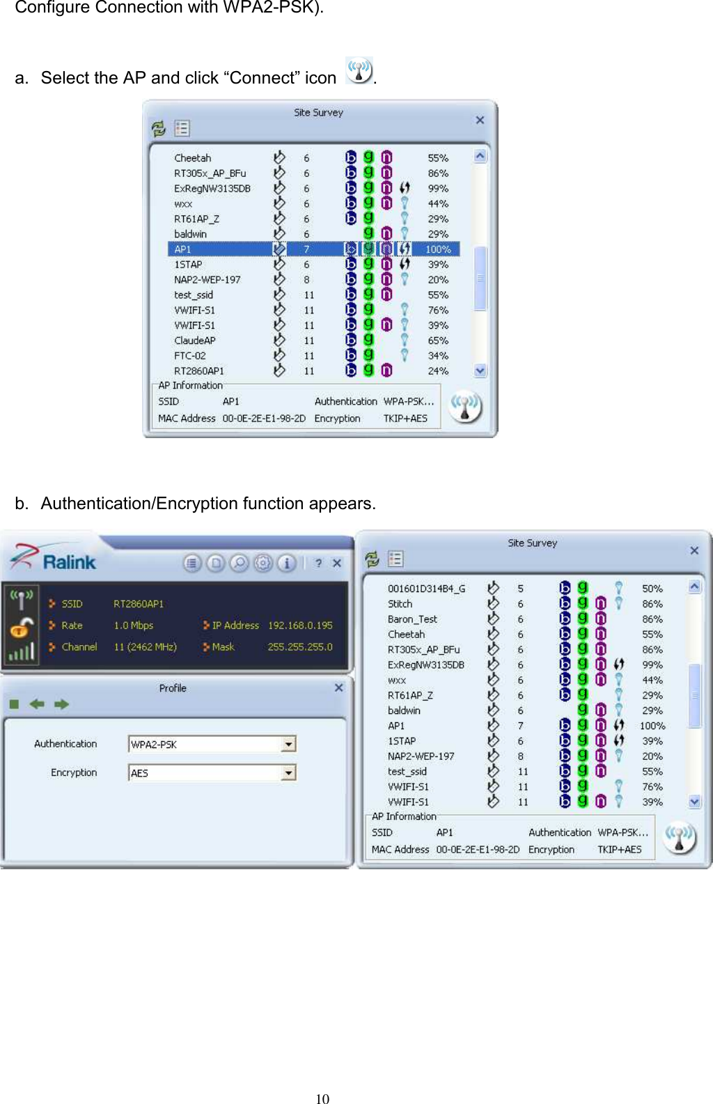  10 Configure Connection with WPA2-PSK).  a.  Select the AP and click “Connect” icon  .    b.  Authentication/Encryption function appears.  