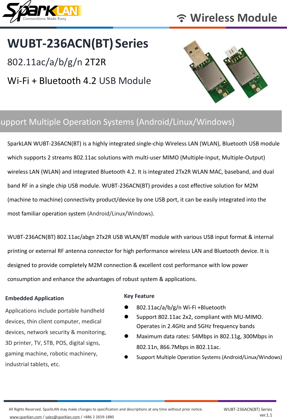 Sparklan Communications Wubt236acnbt 802 11ac A B G N 2t2r Wi Fi Bluetooth 4 2 Usb Module User Manual