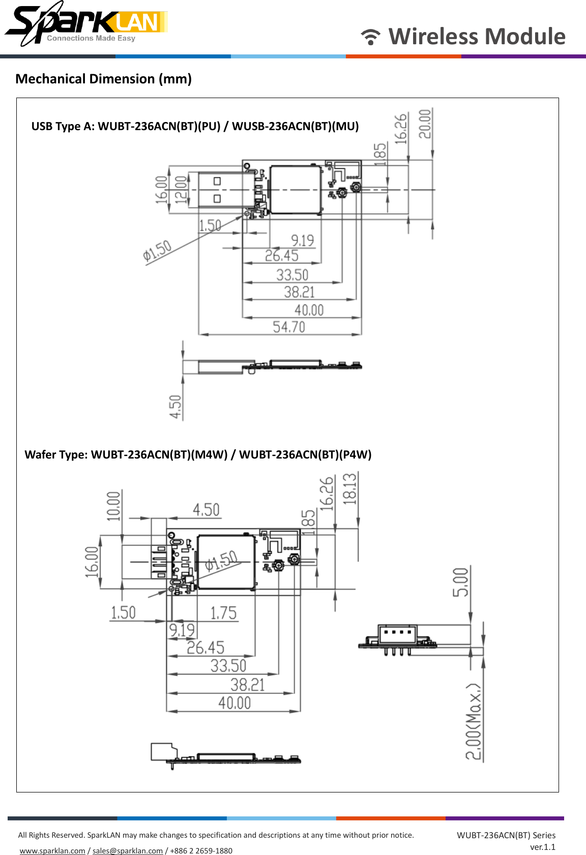       Wireless Module All Rights Reserved. SparkLAN may make changes to specification and descriptions at any time without prior notice. www.sparklan.com / sales@sparklan.com / +886 2 2659-1880 WUBT-236ACN(BT) Series ver.1.1 Mechanical Dimension (mm)                                           Wafer Type: WUBT-236ACN(BT)(M4W) / WUBT-236ACN(BT)(P4W)   USB Type A: WUBT-236ACN(BT)(PU) / WUSB-236ACN(BT)(MU)   