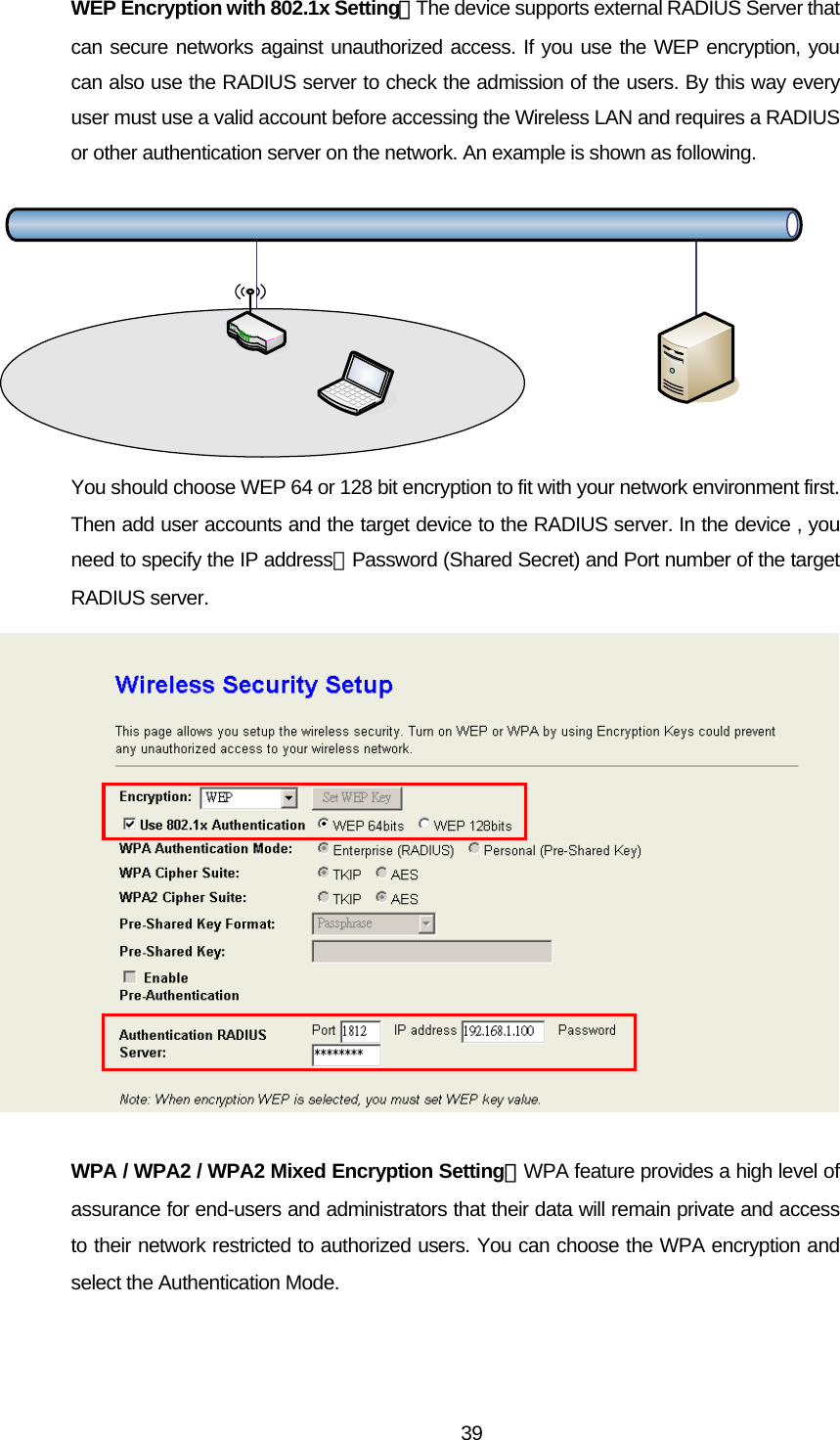 WEP Encryption with 802.1x Setting：The device supports external RADIUS Server that can secure networks against unauthorized access. If you use the WEP encryption, you can also use the RADIUS server to check the admission of the users. By this way every user must use a valid account before accessing the Wireless LAN and requires a RADIUS or other authentication server on the network. An example is shown as following.       You should choose WEP 64 or 128 bit encryption to fit with your network environment first. Then add user accounts and the target device to the RADIUS server. In the device , you need to specify the IP address、Password (Shared Secret) and Port number of the target RADIUS server.  WPA / WPA2 / WPA2 Mixed Encryption Setting：WPA feature provides a high level of assurance for end-users and administrators that their data will remain private and access to their network restricted to authorized users. You can choose the WPA encryption and select the Authentication Mode.  39