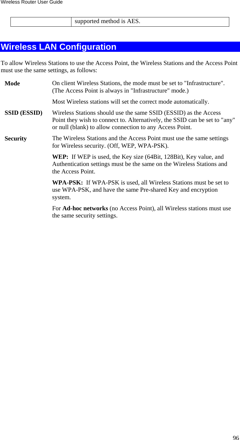 Wireless Router User Guide 96 supported method is AES.  Wireless LAN Configuration To allow Wireless Stations to use the Access Point, the Wireless Stations and the Access Point must use the same settings, as follows: Mode  On client Wireless Stations, the mode must be set to &quot;Infrastructure&quot;. (The Access Point is always in &quot;Infrastructure&quot; mode.) Most Wireless stations will set the correct mode automatically. SSID (ESSID)  Wireless Stations should use the same SSID (ESSID) as the Access Point they wish to connect to. Alternatively, the SSID can be set to &quot;any&quot; or null (blank) to allow connection to any Access Point. Security  The Wireless Stations and the Access Point must use the same settings for Wireless security. (Off, WEP, WPA-PSK). WEP:  If WEP is used, the Key size (64Bit, 128Bit), Key value, and Authentication settings must be the same on the Wireless Stations and the Access Point. WPA-PSK:  If WPA-PSK is used, all Wireless Stations must be set to use WPA-PSK, and have the same Pre-shared Key and encryption system. For Ad-hoc networks (no Access Point), all Wireless stations must use the same security settings.  