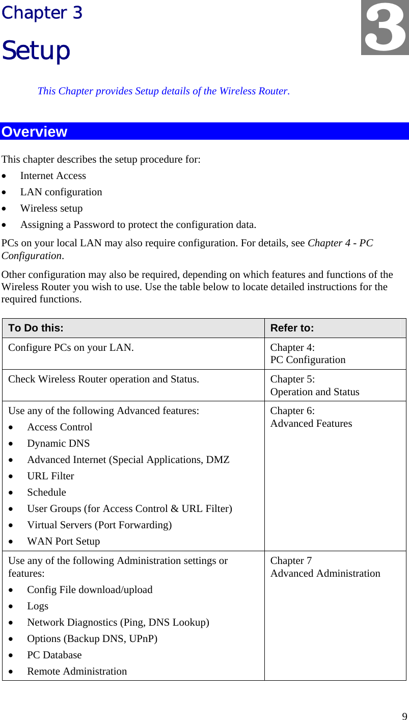  9 Chapter 3 Setup This Chapter provides Setup details of the Wireless Router. Overview This chapter describes the setup procedure for: •  Internet Access •  LAN configuration •  Wireless setup •  Assigning a Password to protect the configuration data. PCs on your local LAN may also require configuration. For details, see Chapter 4 - PC Configuration.  Other configuration may also be required, depending on which features and functions of the Wireless Router you wish to use. Use the table below to locate detailed instructions for the required functions. To Do this:  Refer to: Configure PCs on your LAN.  Chapter 4: PC Configuration Check Wireless Router operation and Status.  Chapter 5: Operation and Status Use any of the following Advanced features: •  Access Control •  Dynamic DNS •  Advanced Internet (Special Applications, DMZ •  URL Filter •  Schedule •  User Groups (for Access Control &amp; URL Filter) •  Virtual Servers (Port Forwarding) •  WAN Port Setup Chapter 6: Advanced Features Use any of the following Administration settings or features: •  Config File download/upload •  Logs  •  Network Diagnostics (Ping, DNS Lookup) •  Options (Backup DNS, UPnP) •  PC Database •  Remote Administration Chapter 7 Advanced Administration 3 