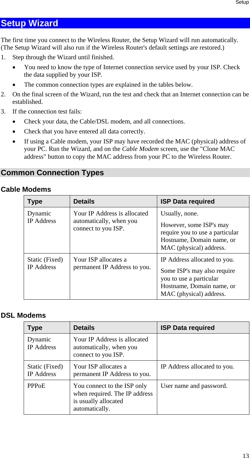 Setup 13 Setup Wizard The first time you connect to the Wireless Router, the Setup Wizard will run automatically. (The Setup Wizard will also run if the Wireless Router&apos;s default settings are restored.) 1.  Step through the Wizard until finished.  •  You need to know the type of Internet connection service used by your ISP. Check the data supplied by your ISP.  •  The common connection types are explained in the tables below. 2.  On the final screen of the Wizard, run the test and check that an Internet connection can be established. 3.  If the connection test fails: •  Check your data, the Cable/DSL modem, and all connections. •  Check that you have entered all data correctly. •  If using a Cable modem, your ISP may have recorded the MAC (physical) address of your PC. Run the Wizard, and on the Cable Modem screen, use the &quot;Clone MAC address&quot; button to copy the MAC address from your PC to the Wireless Router. Common Connection Types Cable Modems Type  Details  ISP Data required Dynamic IP Address  Your IP Address is allocated automatically, when you connect to you ISP. Usually, none.  However, some ISP&apos;s may require you to use a particular Hostname, Domain name, or MAC (physical) address. Static (Fixed) IP Address  Your ISP allocates a permanent IP Address to you.  IP Address allocated to you. Some ISP&apos;s may also require you to use a particular Hostname, Domain name, or MAC (physical) address.  DSL Modems Type  Details  ISP Data required Dynamic IP Address  Your IP Address is allocated automatically, when you connect to you ISP.  Static (Fixed) IP Address  Your ISP allocates a permanent IP Address to you.  IP Address allocated to you. PPPoE  You connect to the ISP only when required. The IP address is usually allocated automatically. User name and password. 