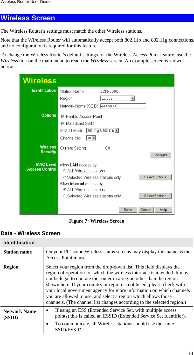 Wireless Router User Guide 18 Wireless Screen The Wireless Router&apos;s settings must match the other Wireless stations.  Note that the Wireless Router will automatically accept both 802.11b and 802.11g connections, and no configuration is required for this feature. To change the Wireless Router&apos;s default settings for the Wireless Access Point feature, use the Wireless link on the main menu to reach the Wireless screen. An example screen is shown below.  Figure 7: Wireless Screen Data - Wireless Screen Identification Station name  On your PC, some Wireless status screens may display this name as the Access Point in use. Region  Select your region from the drop-down list. This field displays the region of operation for which the wireless interface is intended. It may not be legal to operate the router in a region other than the region shown here. If your country or region is not listed, please check with your local government agency for more information on which channels you are allowed to use, and select a region which allows those channels. (The channel list changes according to the selected region.) Network Name (SSID) •  If using an ESS (Extended Service Set, with multiple access points) this is called an ESSID (Extended Service Set Identifier). •  To communicate, all Wireless stations should use the same SSID/ESSID. 