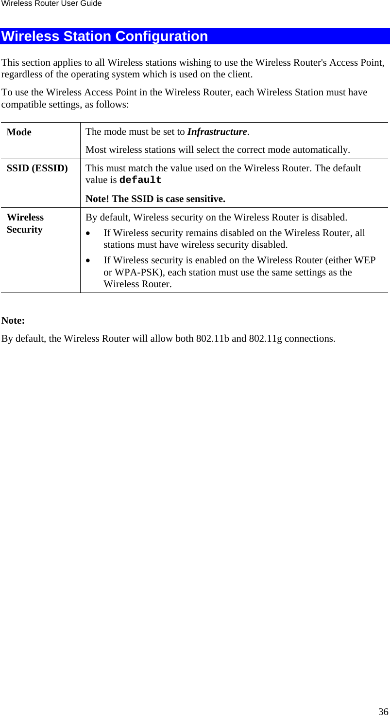 Wireless Router User Guide 36 Wireless Station Configuration This section applies to all Wireless stations wishing to use the Wireless Router&apos;s Access Point, regardless of the operating system which is used on the client. To use the Wireless Access Point in the Wireless Router, each Wireless Station must have compatible settings, as follows: Mode   The mode must be set to Infrastructure. Most wireless stations will select the correct mode automatically. SSID (ESSID)  This must match the value used on the Wireless Router. The default value is default  Note! The SSID is case sensitive. Wireless Security  By default, Wireless security on the Wireless Router is disabled. •  If Wireless security remains disabled on the Wireless Router, all stations must have wireless security disabled. •  If Wireless security is enabled on the Wireless Router (either WEP or WPA-PSK), each station must use the same settings as the Wireless Router.  Note: By default, the Wireless Router will allow both 802.11b and 802.11g connections.  