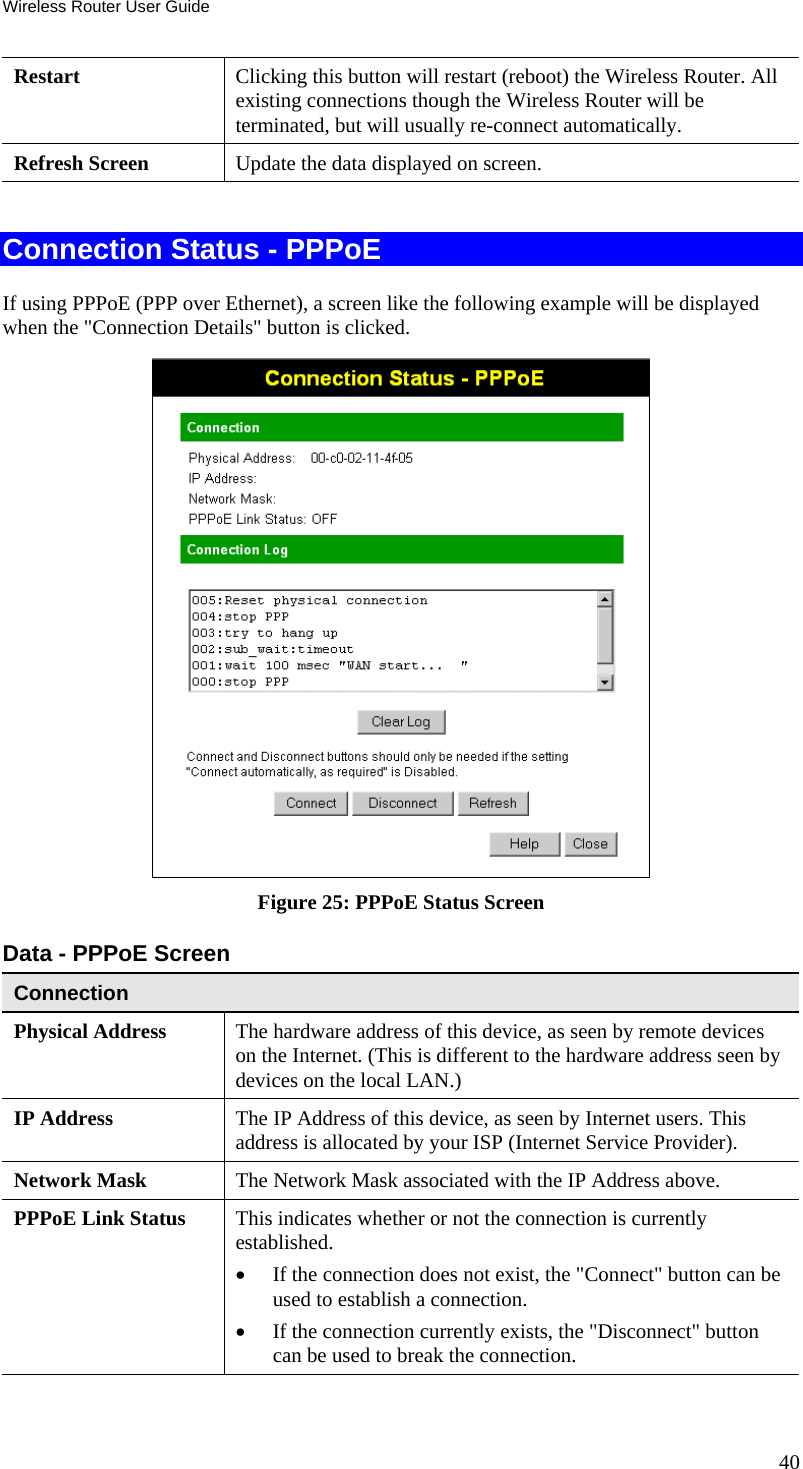 Wireless Router User Guide 40 Restart  Clicking this button will restart (reboot) the Wireless Router. All existing connections though the Wireless Router will be terminated, but will usually re-connect automatically. Refresh Screen  Update the data displayed on screen.  Connection Status - PPPoE If using PPPoE (PPP over Ethernet), a screen like the following example will be displayed when the &quot;Connection Details&quot; button is clicked.  Figure 25: PPPoE Status Screen Data - PPPoE Screen Connection Physical Address  The hardware address of this device, as seen by remote devices on the Internet. (This is different to the hardware address seen by devices on the local LAN.) IP Address  The IP Address of this device, as seen by Internet users. This address is allocated by your ISP (Internet Service Provider). Network Mask  The Network Mask associated with the IP Address above. PPPoE Link Status  This indicates whether or not the connection is currently established. •  If the connection does not exist, the &quot;Connect&quot; button can be used to establish a connection. •  If the connection currently exists, the &quot;Disconnect&quot; button can be used to break the connection. 