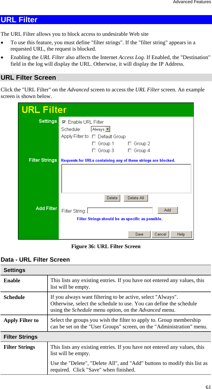 Advanced Features 61 URL Filter The URL Filter allows you to block access to undesirable Web site •  To use this feature, you must define &quot;filter strings&quot;. If the &quot;filter string&quot; appears in a requested URL, the request is blocked. •  Enabling the URL Filter also affects the Internet Access Log. If Enabled, the &quot;Destination&quot; field in the log will display the URL. Otherwise, it will display the IP Address. URL Filter Screen Click the &quot;URL Filter&quot; on the Advanced screen to access the URL Filter screen. An example screen is shown below.  Figure 36: URL Filter Screen Data - URL Filter Screen Settings Enable  This lists any existing entries. If you have not entered any values, this list will be empty. Schedule  If you always want filtering to be active, select &quot;Always&quot;. Otherwise, select the schedule to use. You can define the schedule using the Schedule menu option, on the Advanced menu. Apply Filter to  Select the groups you wish the filter to apply to. Group membership can be set on the &quot;User Groups&quot; screen, on the &quot;Administration&quot; menu. Filter Strings Filter Strings  This lists any existing entries. If you have not entered any values, this list will be empty. Use the &quot;Delete&quot;, &quot;Delete All&quot;, and &quot;Add&quot; buttons to modify this list as required.  Click &quot;Save&quot; when finished. 