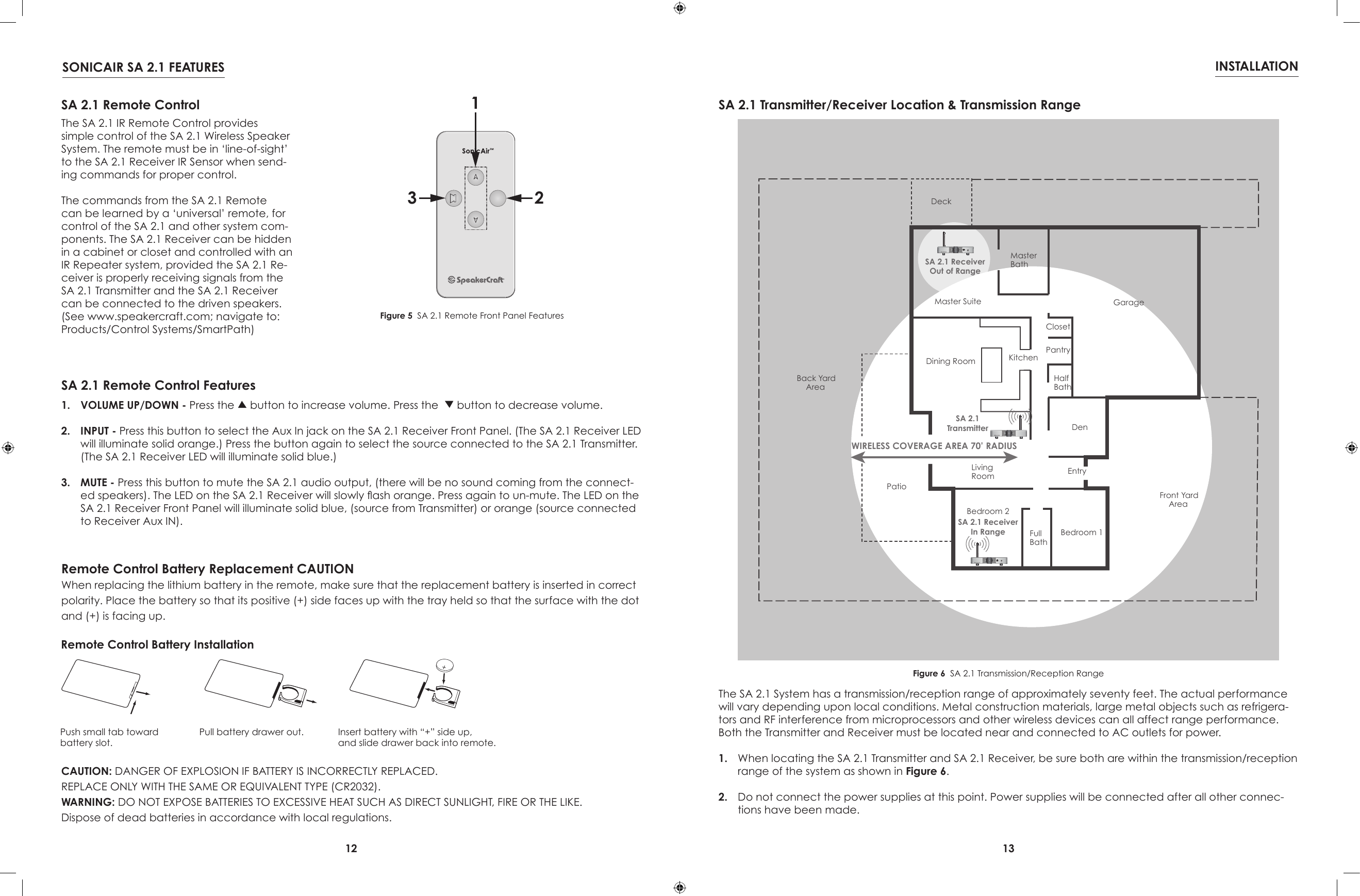 12 13SONICAIR SA 2.1 FEATURES INSTALLATION123SA 2.1 Remote ControlThe SA 2.1 IR Remote Control provides simple control of the SA 2.1 Wireless Speaker System. The remote must be in ‘line-of-sight’ to the SA 2.1 Receiver IR Sensor when send-ing commands for proper control.The commands from the SA 2.1 Remote can be learned by a ‘universal’ remote, for control of the SA 2.1 and other system com-ponents. The SA 2.1 Receiver can be hidden in a cabinet or closet and controlled with an IR Repeater system, provided the SA 2.1 Re-ceiver is properly receiving signals from the SA 2.1 Transmitter and the SA 2.1 Receiver can be connected to the driven speakers. (See www.speakercraft.com; navigate to: Products/Control Systems/SmartPath)SA 2.1 Remote Control FeaturesFigure 5  SA 2.1 Remote Front Panel Features1.  VOLUME UP/DOWN - Press the   button to increase volume. Press the    button to decrease volume.2.  INPUT - Press this button to select the Aux In jack on the SA 2.1 Receiver Front Panel. (The SA 2.1 Receiver LED will illuminate solid orange.) Press the button again to select the source connected to the SA 2.1 Transmitter. (The SA 2.1 Receiver LED will illuminate solid blue.)3.  MUTE - Press this button to mute the SA 2.1 audio output, (there will be no sound coming from the connect-ed speakers). The LED on the SA 2.1 Receiver will slowly ash orange. Press again to un-mute. The LED on the SA 2.1 Receiver Front Panel will illuminate solid blue, (source from Transmitter) or orange (source connected to Receiver Aux IN).WIRELESS COVERAGE AREA 70’ RADIUSBedroom 1Bedroom 2FullBathDenLivingRoomPatioDining Room KitchenEntryMaster SuiteMasterBathDeckHalfBathPantryClosetGarageBack YardAreaFront YardAreaSA 2.1 ReceiverOut of RangeSA 2.1TransmitterSA 2.1 ReceiverIn RangeAux InAux InSA 2.1 Transmitter/Receiver Location &amp; Transmission RangeFigure 6  SA 2.1 Transmission/Reception RangeThe SA 2.1 System has a transmission/reception range of approximately seventy feet. The actual performance will vary depending upon local conditions. Metal construction materials, large metal objects such as refrigera-tors and RF interference from microprocessors and other wireless devices can all affect range performance. Both the Transmitter and Receiver must be located near and connected to AC outlets for power.1.  When locating the SA 2.1 Transmitter and SA 2.1 Receiver, be sure both are within the transmission/reception range of the system as shown in Figure 6.2.  Do not connect the power supplies at this point. Power supplies will be connected after all other connec-tions have been made.Remote Control Battery Replacement CAUTIONWhen replacing the lithium battery in the remote, make sure that the replacement battery is inserted in correct polarity. Place the battery so that its positive (+) side faces up with the tray held so that the surface with the dot and (+) is facing up.CAUTION: DANGER OF EXPLOSION IF BATTERY IS INCORRECTLY REPLACED.REPLACE ONLY WITH THE SAME OR EQUIVALENT TYPE (CR2032).WARNING: DO NOT EXPOSE BATTERIES TO EXCESSIVE HEAT SUCH AS DIRECT SUNLIGHT, FIRE OR THE LIKE.Dispose of dead batteries in accordance with local regulations.Remote Control Battery Installation Push small tab towardbattery slot.Pull battery drawer out. Insert battery with “+” side up,and slide drawer back into remote.