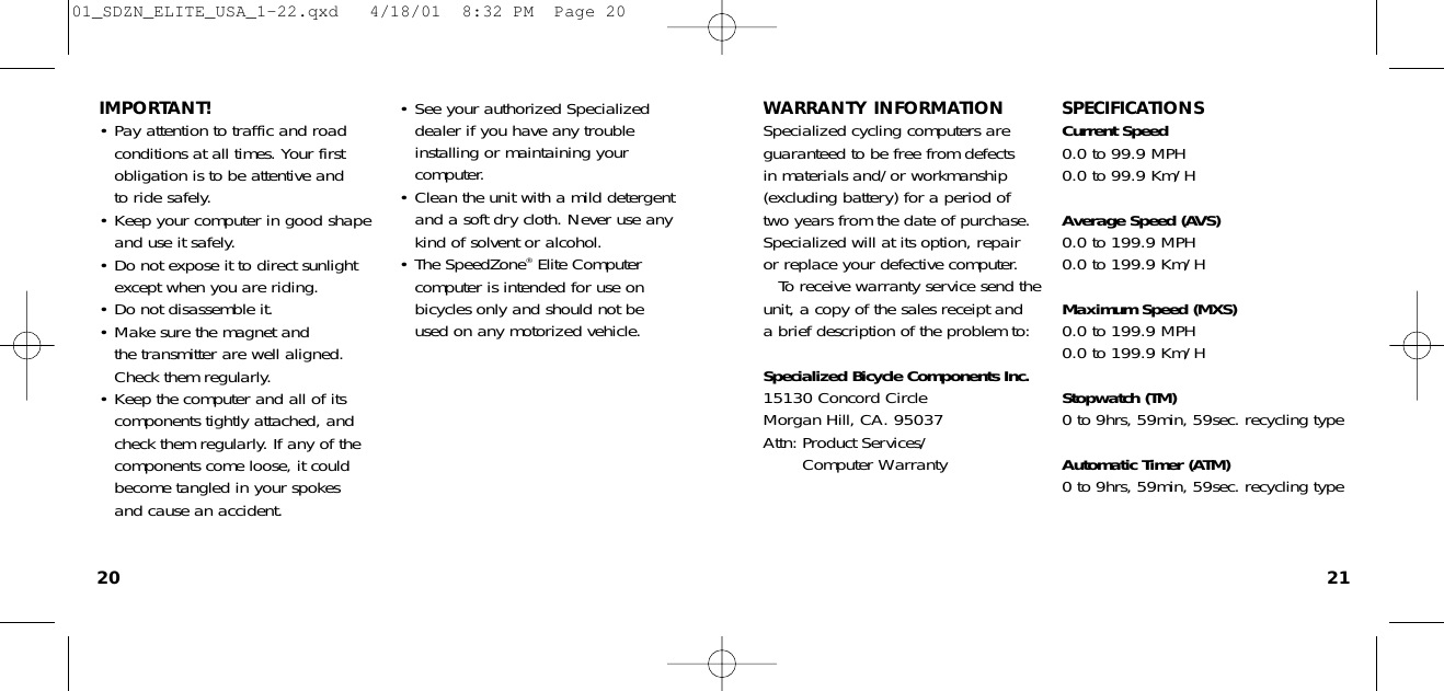 Page 11 of 12 - Specialized Specialized-Elite-Cylcocomputer-Users-Manual- 01_SDZN_ELITE_USA_1-22  Specialized-elite-cylcocomputer-users-manual
