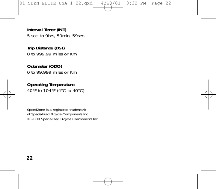 Page 12 of 12 - Specialized Specialized-Elite-Cylcocomputer-Users-Manual- 01_SDZN_ELITE_USA_1-22  Specialized-elite-cylcocomputer-users-manual