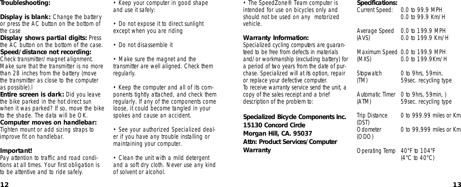 Page 7 of 7 - Specialized Specialized-Speedzone-Pro-Cyclocomputer-Users-Manual- Speedzone Team Manual  Specialized-speedzone-pro-cyclocomputer-users-manual