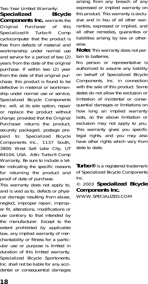 Page 10 of 10 - Specialized Specialized-Turbo-Comp-Users-Manual-  Specialized-turbo-comp-users-manual