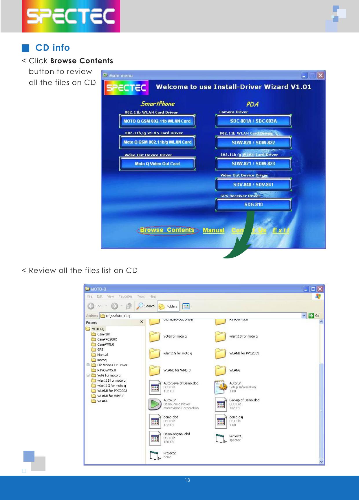 13CD info< Click Browse Contents button to review all the files on CD< Review all the files list on CD