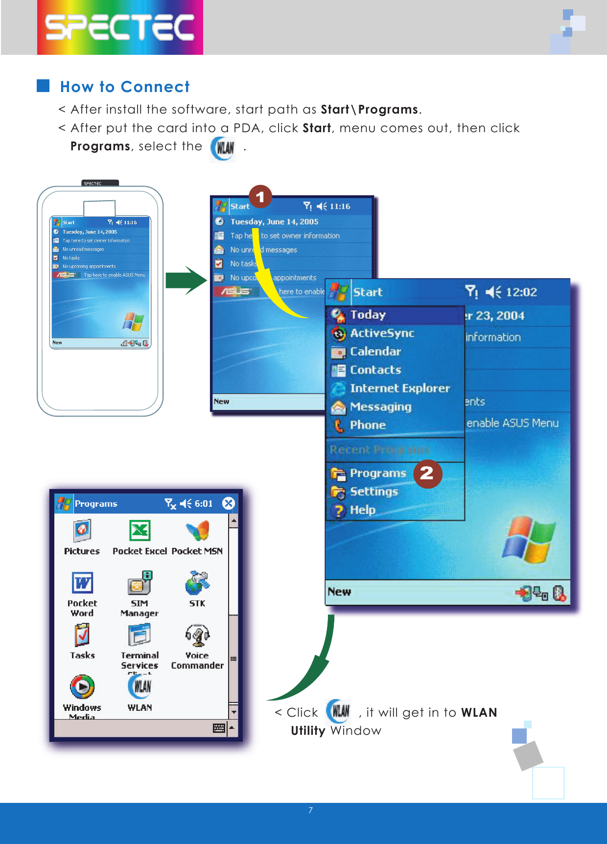 WLAN-11bFCC ID:S2Y-MINIWLAN11B0012E60005067How to Connect< After install the software, start path as Start\Programs. < After put the card into a PDA, click Start, menu comes out, then click Programs, select the .< Click , it will get in to WLAN Utility Window2
