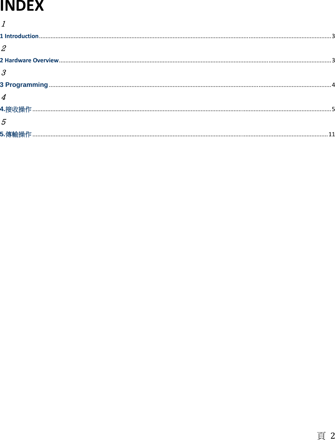 頁2  INDEX１1Introduction.................................................................................................................................................................................3２2HardwareOverview.....................................................................................................................................................................3３3 Programming...........................................................................................................................................................................4４4.接收操作 .....................................................................................................................................................................................5５5.傳輸操作 ...................................................................................................................................................................................11                                