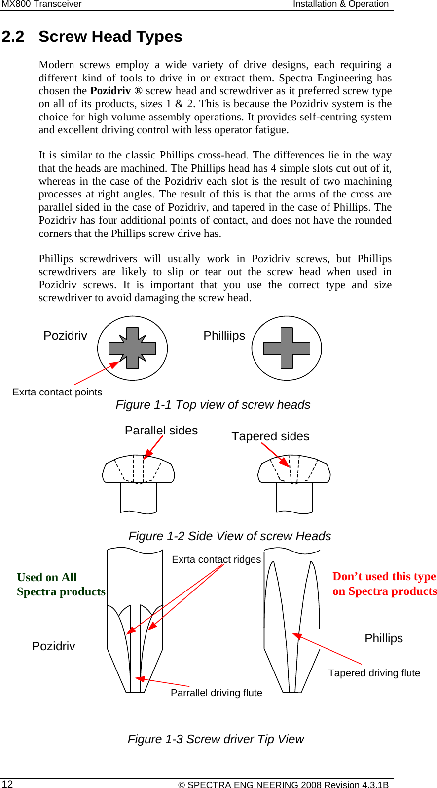 MX800 Transceiver  Installation &amp; Operation    © SPECTRA ENGINEERING 2008 Revision 4.3.1B 122.2  Screw Head Types Modern screws employ a wide variety of drive designs, each requiring a different kind of tools to drive in or extract them. Spectra Engineering has chosen the Pozidriv ® screw head and screwdriver as it preferred screw type on all of its products, sizes 1 &amp; 2. This is because the Pozidriv system is the choice for high volume assembly operations. It provides self-centring system and excellent driving control with less operator fatigue. It is similar to the classic Phillips cross-head. The differences lie in the way that the heads are machined. The Phillips head has 4 simple slots cut out of it, whereas in the case of the Pozidriv each slot is the result of two machining processes at right angles. The result of this is that the arms of the cross are parallel sided in the case of Pozidriv, and tapered in the case of Phillips. The Pozidriv has four additional points of contact, and does not have the rounded corners that the Phillips screw drive has. Phillips screwdrivers will usually work in Pozidriv screws, but Phillips screwdrivers are likely to slip or tear out the screw head when used in Pozidriv screws. It is important that you use the correct type and size screwdriver to avoid damaging the screw head.                        Exrta contact points Figure 1-1 Top view of screw headsPozidriv PhilliipsParallel sides Tapered sidesFigure 1-2 Side View of screw HeadsExrta contact ridgesParrallel driving fluteTapered driving fluteFigure 1-3 Screw driver Tip ViewUsed on All Spectra products Don’t used this type on Spectra productsPozidriv Phillips