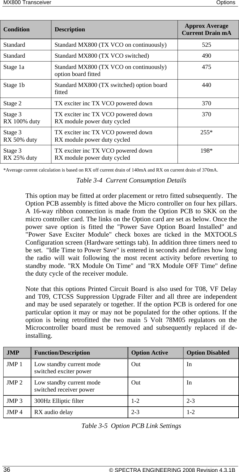 MX800 Transceiver  Options   Condition  Description  Approx Average Current Drain mA Standard  Standard MX800 (TX VCO on continuously)  525 Standard  Standard MX800 (TX VCO switched)  490 Stage 1a  Standard MX800 (TX VCO on continuously) option board fitted  475 Stage 1b  Standard MX800 (TX switched) option board fitted  440 Stage 2  TX exciter inc TX VCO powered down  370 Stage 3 RX 100% duty  TX exciter inc TX VCO powered down RX module power duty cycled  370 Stage 3 RX 50% duty  TX exciter inc TX VCO powered down RX module power duty cycled  255* Stage 3 RX 25% duty  TX exciter inc TX VCO powered down RX module power duty cycled  198* *Average current calculation is based on RX off current drain of 140mA and RX on current drain of 370mA. Table 3-4  Current Consumption Details This option may be fitted at order placement or retro fitted subsequently.  The Option PCB assembly is fitted above the Micro controller on four hex pillars. A 16-way ribbon connection is made from the Option PCB to SKK on the micro controller card. The links on the Option card are set as below. Once the power save option is fitted the &quot;Power Save Option Board Installed&quot; and &quot;Power Save Exciter Module&quot; check boxes are ticked in the MXTOOLS Configuration screen (Hardware settings tab). In addition three timers need to be set.  &quot;Idle Time to Power Save&quot; is entered in seconds and defines how long the radio will wait following the most recent activity before reverting to standby mode. &quot;RX Module On Time&quot; and &quot;RX Module OFF Time&quot; define the duty cycle of the receiver module. Note that this options Printed Circuit Board is also used for T08, VF Delay and T09, CTCSS Suppression Upgrade Filter and all three are independent and may be used separately or together. If the option PCB is ordered for one particular option it may or may not be populated for the other options. If the option is being retrofitted the two main 5 Volt 78M05 regulators on the Microcontroller board must be removed and subsequently replaced if de-installing. JMP  Function/Description  Option Active  Option Disabled JMP 1  Low standby current mode switched exciter power  Out In JMP 2  Low standby current mode switched receiver power  Out In JMP 3  300Hz Elliptic filter   1-2  2-3 JMP 4  RX audio delay  2-3  1-2 Table 3-5  Option PCB Link Settings     © SPECTRA ENGINEERING 2008 Revision 4.3.1B 36