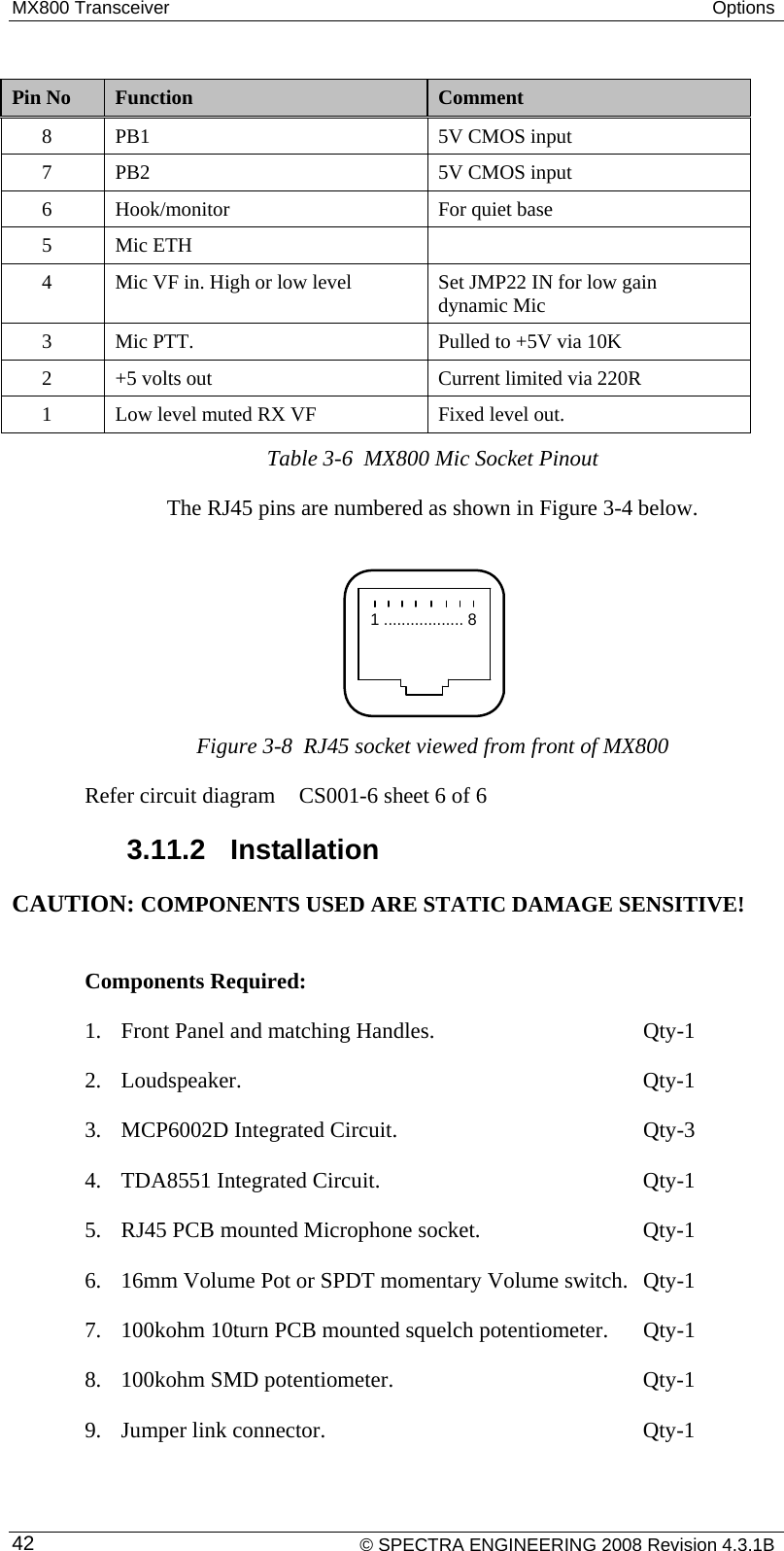 MX800 Transceiver  Options   Pin No  Function  Comment 8  PB1  5V CMOS input 7  PB2  5V CMOS input 6 Hook/monitor  For quiet base 5 Mic ETH   4  Mic VF in. High or low level  Set JMP22 IN for low gain dynamic Mic 3  Mic PTT.  Pulled to +5V via 10K 2  +5 volts out  Current limited via 220R 1  Low level muted RX VF  Fixed level out. Table 3-6  MX800 Mic Socket Pinout The RJ45 pins are numbered as shown in Figure 3-4 below. 1 .................. 8Figure 3-8  RJ45 socket viewed from front of MX800 Refer circuit diagram  CS001-6 sheet 6 of 6 3.11.2  Installation CAUTION: COMPONENTS USED ARE STATIC DAMAGE SENSITIVE!  Components Required:  1. Front Panel and matching Handles.        Qty-1 2. Loudspeaker.       Qty-1 3. MCP6002D Integrated Circuit.     Qty-3 4. TDA8551 Integrated Circuit.     Qty-1 5. RJ45 PCB mounted Microphone socket.      Qty-1 6. 16mm Volume Pot or SPDT momentary Volume switch.  Qty-1 7. 100kohm 10turn PCB mounted squelch potentiometer.  Qty-1 8. 100kohm SMD potentiometer.     Qty-1 9. Jumper link connector.      Qty-1    © SPECTRA ENGINEERING 2008 Revision 4.3.1B 42