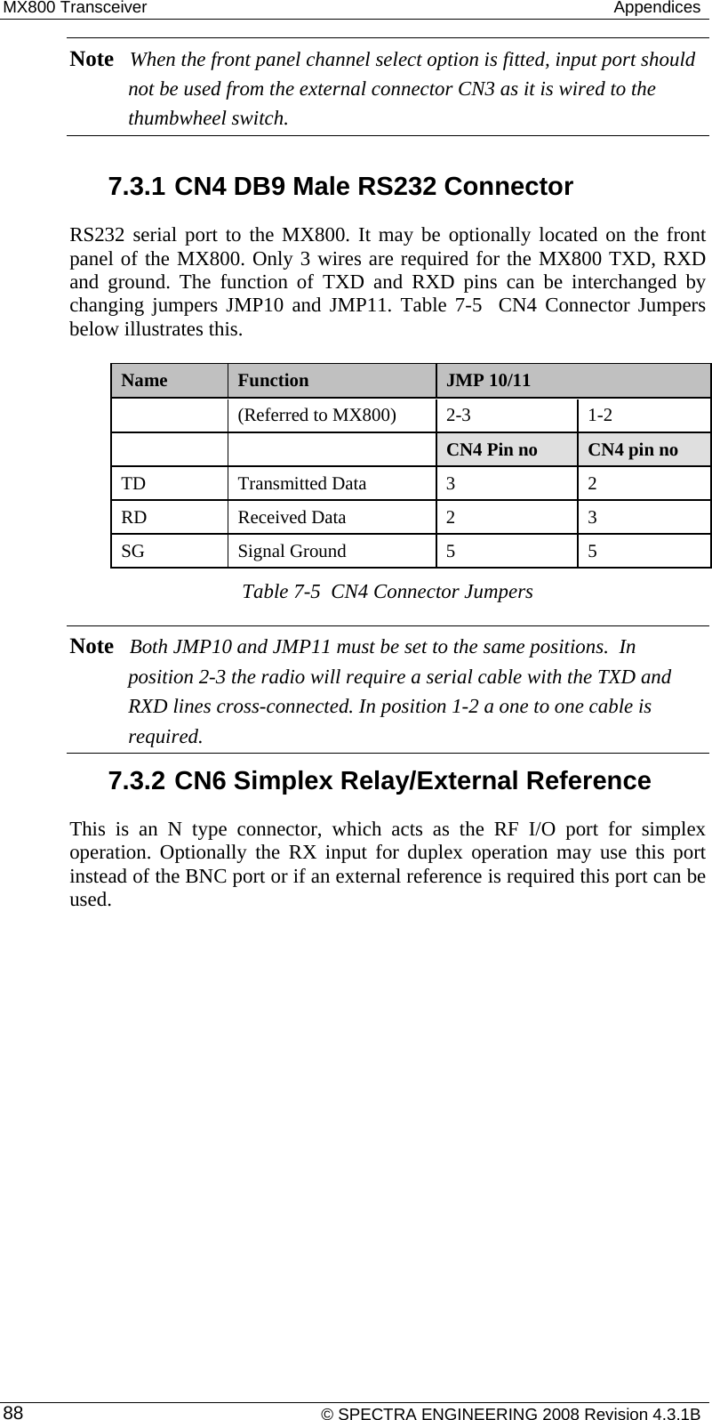 MX800 Transceiver   Appendices    © SPECTRA ENGINEERING 2008 Revision 4.3.1B 88Note When the front panel channel select option is fitted, input port should not be used from the external connector CN3 as it is wired to the thumbwheel switch.  7.3.1 CN4 DB9 Male RS232 Connector RS232 serial port to the MX800. It may be optionally located on the front panel of the MX800. Only 3 wires are required for the MX800 TXD, RXD and ground. The function of TXD and RXD pins can be interchanged by changing jumpers JMP10 and JMP11. Table 7-5  CN4 Connector Jumpers below illustrates this. Name  Function  JMP 10/11   (Referred to MX800)  2-3  1-2    CN4 Pin no  CN4 pin no TD Transmitted Data 3  2 RD Received Data  2  3 SG Signal Ground  5  5 Table 7-5  CN4 Connector Jumpers Note Both JMP10 and JMP11 must be set to the same positions.  In position 2-3 the radio will require a serial cable with the TXD and RXD lines cross-connected. In position 1-2 a one to one cable is required. 7.3.2 CN6 Simplex Relay/External Reference This is an N type connector, which acts as the RF I/O port for simplex operation. Optionally the RX input for duplex operation may use this port instead of the BNC port or if an external reference is required this port can be used. 